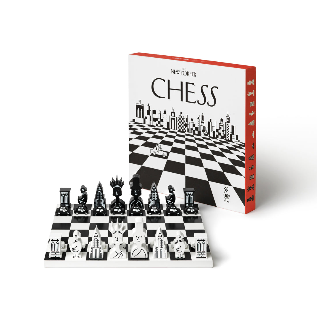 Schaakspel Chess NYC│The New Yorker x Printworks│art. PW00720│vooraanzicht met verpakking schuin achter bord
