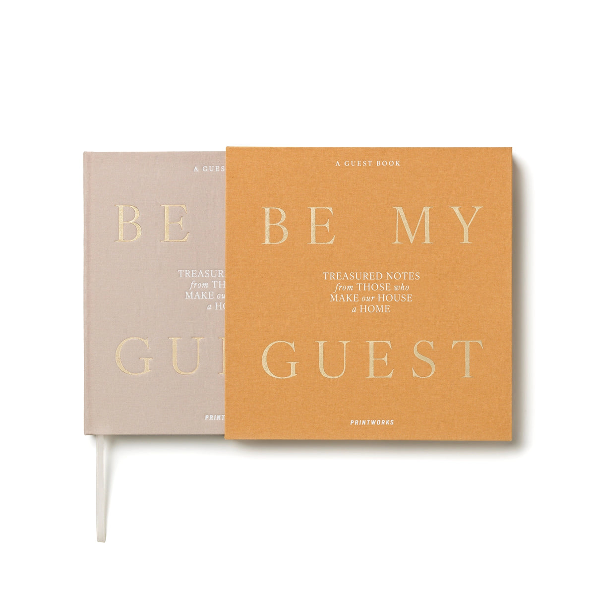 Beige Be My Guest guest book by Printworks lying flat, half out of its yellow sleeve