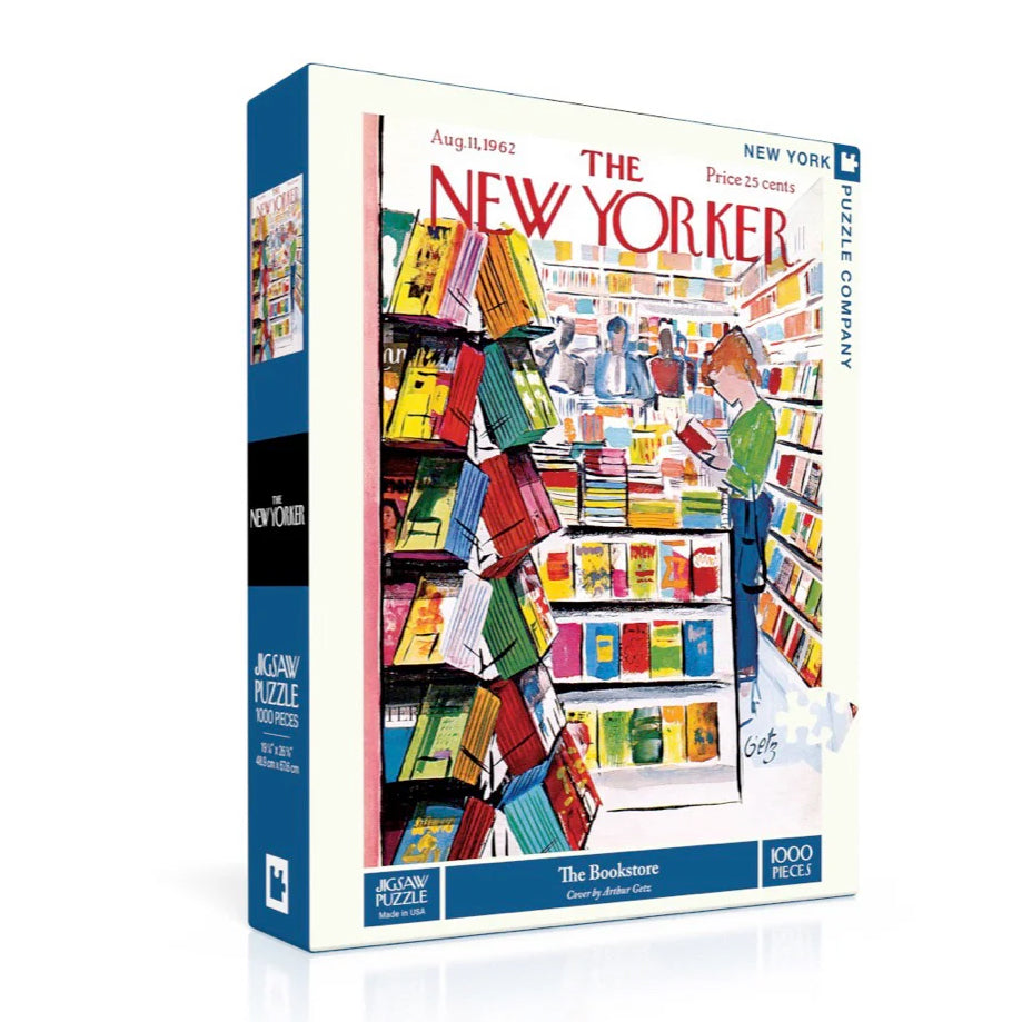 Puzzel the Bookstore│The New York Puzzle Company│art. NPZNY1804│vooraanzicht schuin verpakking met schaduw