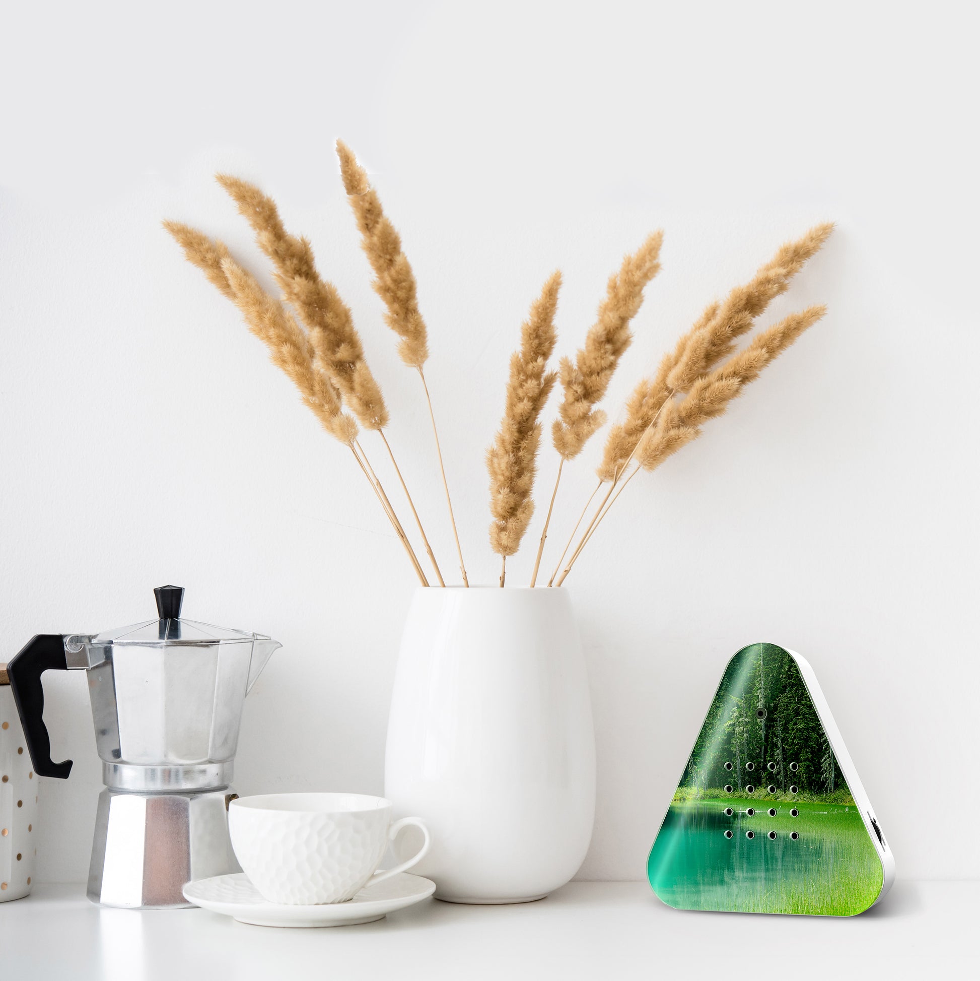 Lakesidebox Forrest Lake Relaxound│art. 11LSB0701002│op keukenblad naast vaast en koffiestel