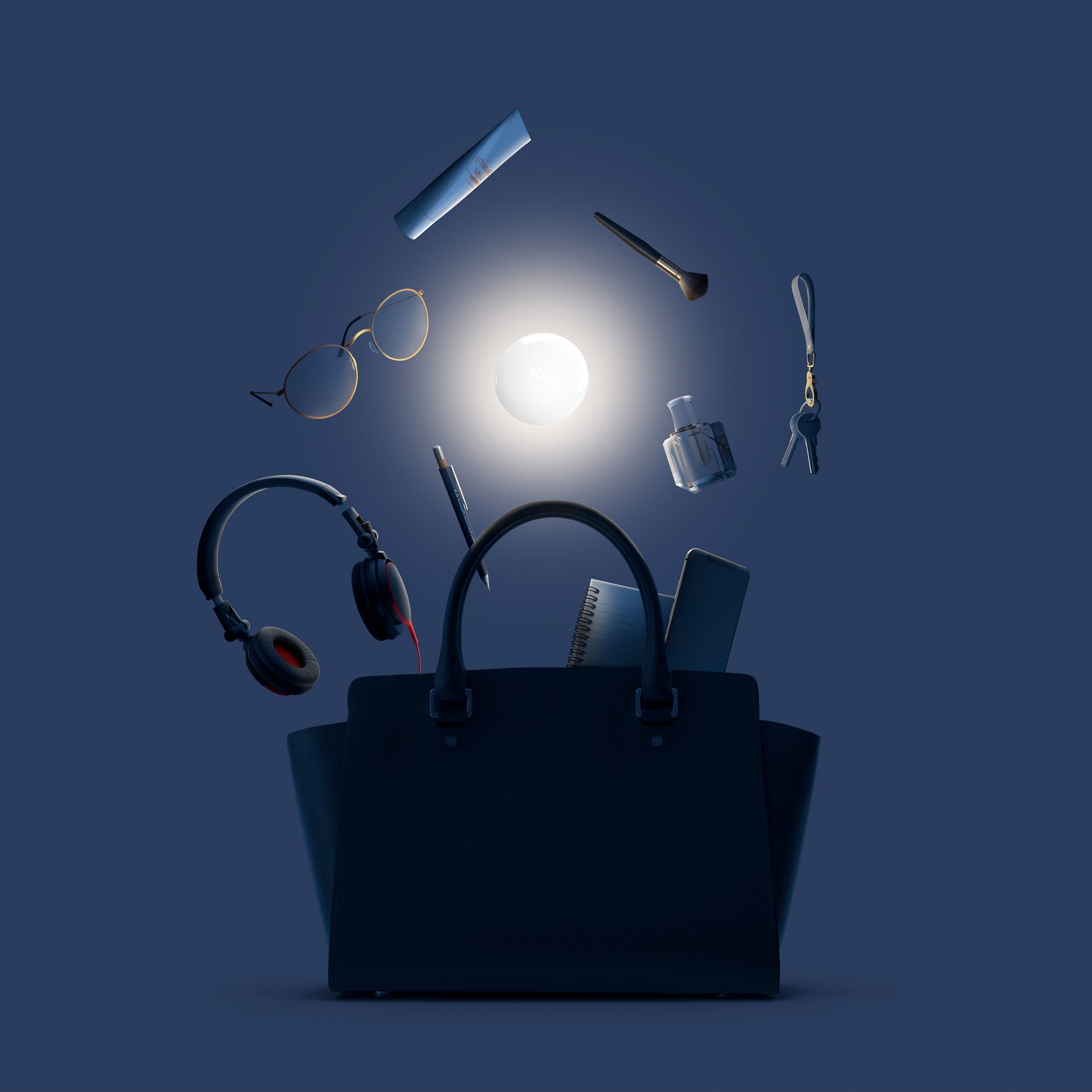 SOI. Mini handts Lampje│art. A004718│inhoud tas met lampje zwevend boven handtas