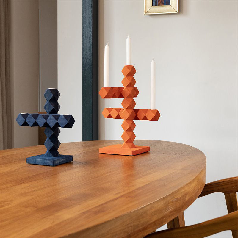 Clean Cut 5 Kandelaar Oranje│Bertjan Pot│Buro Berger│art. BJ001-05│op houten tafel met small blauw