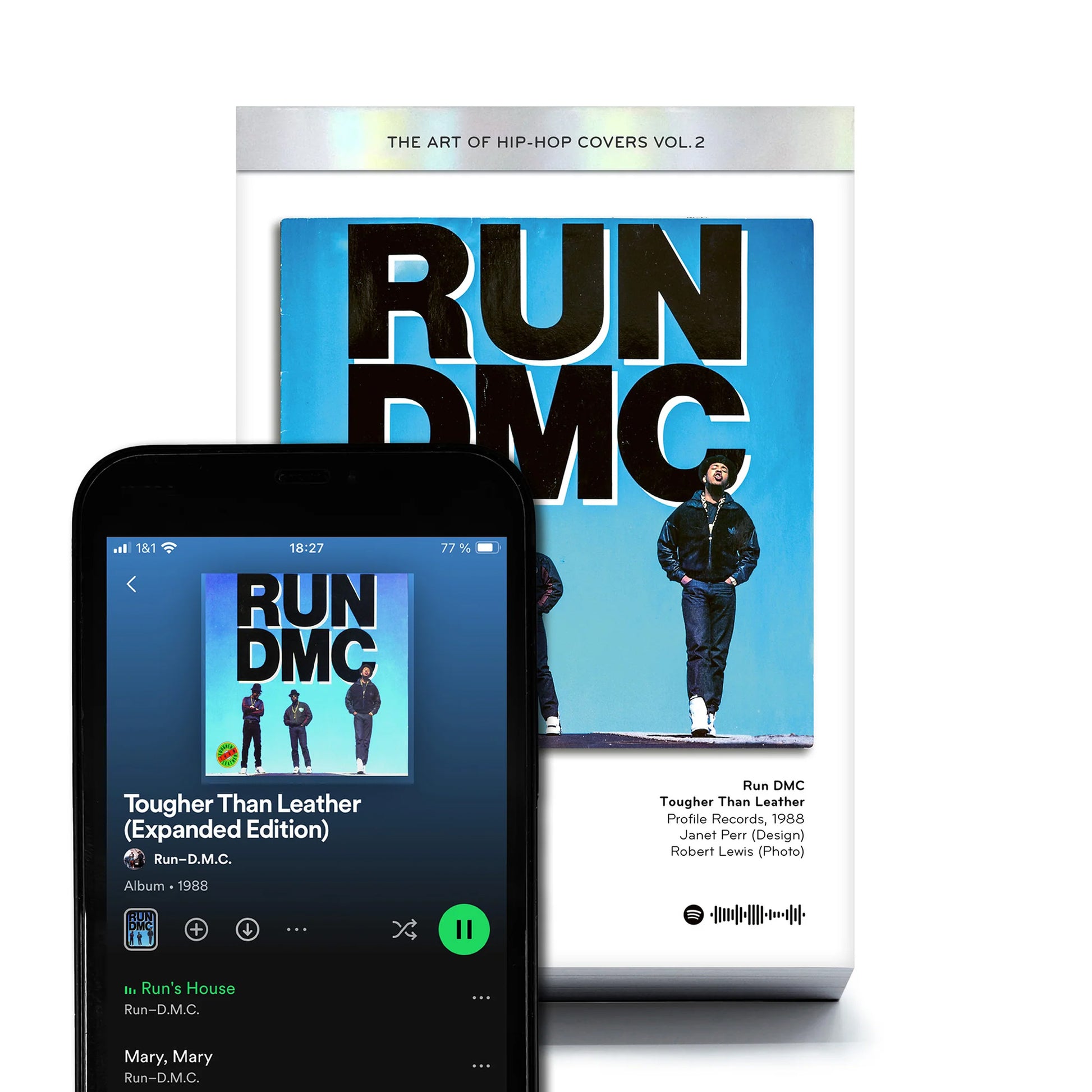 Scheurkalender the Art of Hip Hop Covers│Seltmann Publischers│vooraanzicht pagina Run DMC met Spotify op telefoon