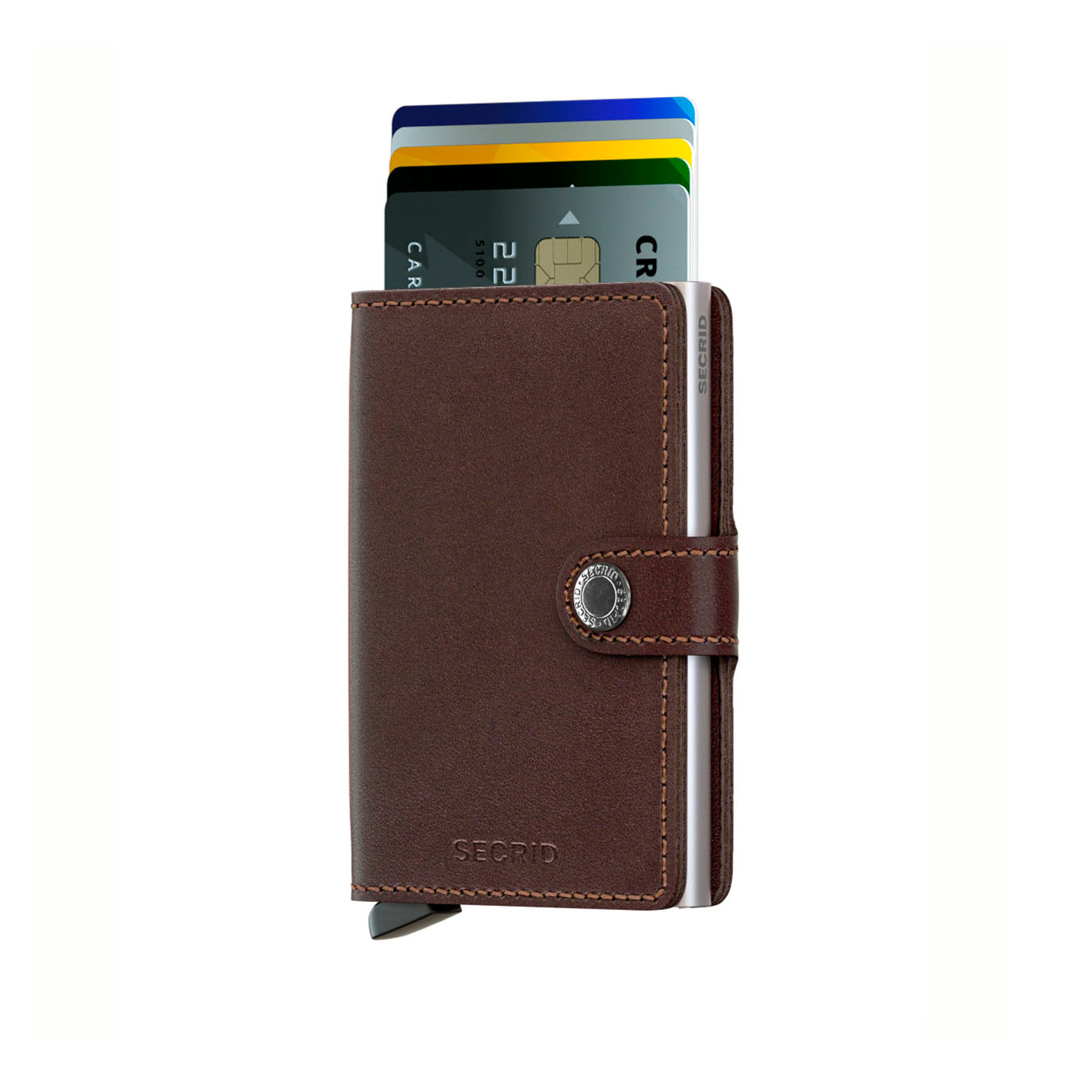 Secrid Miniwallet Original│art. M-DARK-BROWN│vooraanzicht met uitgeschoven pasjes