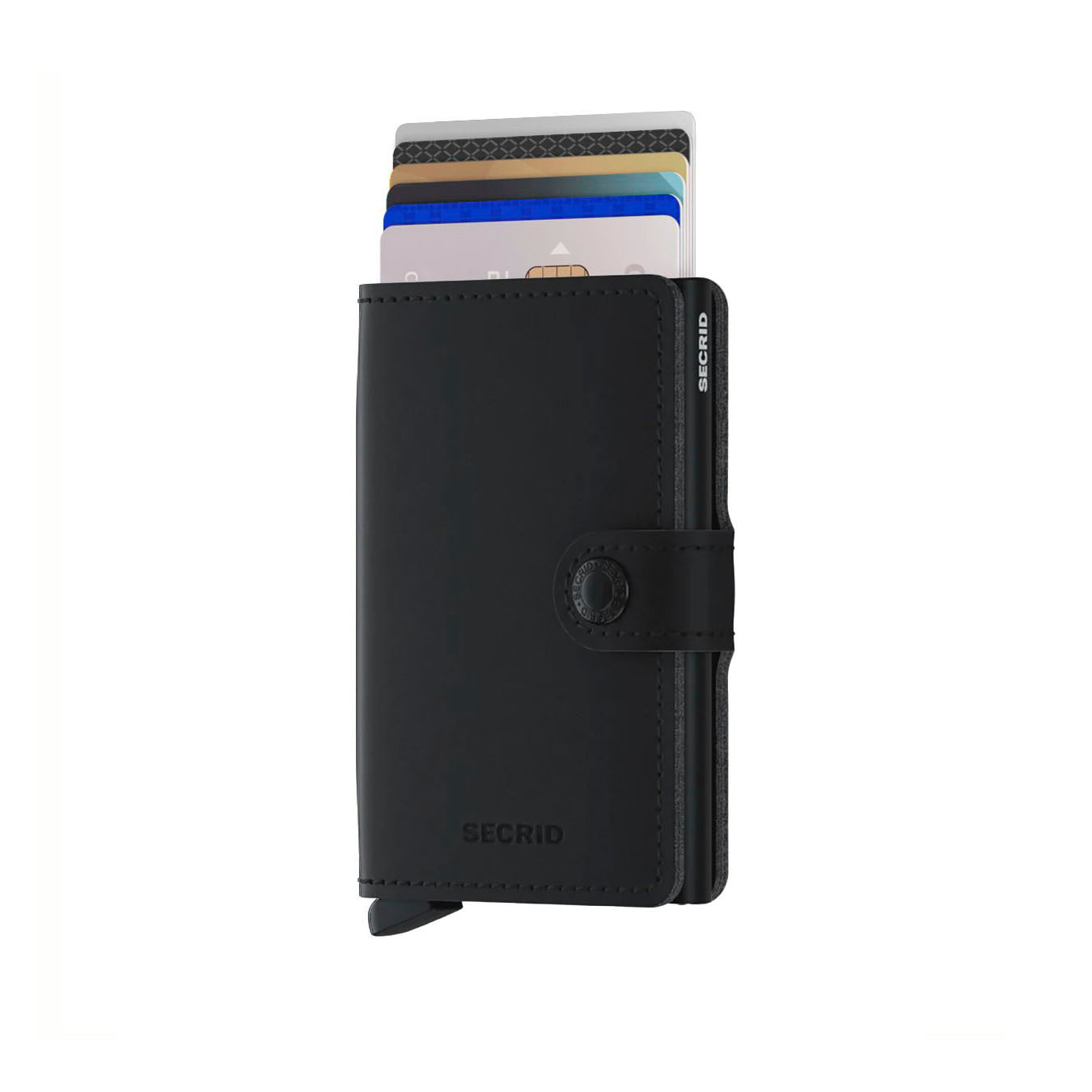 Secrid Miniwallet Soft Touch│art. MSOF-BLACK│Pasjeshouder│voorkant met uitgeschoven pasjes