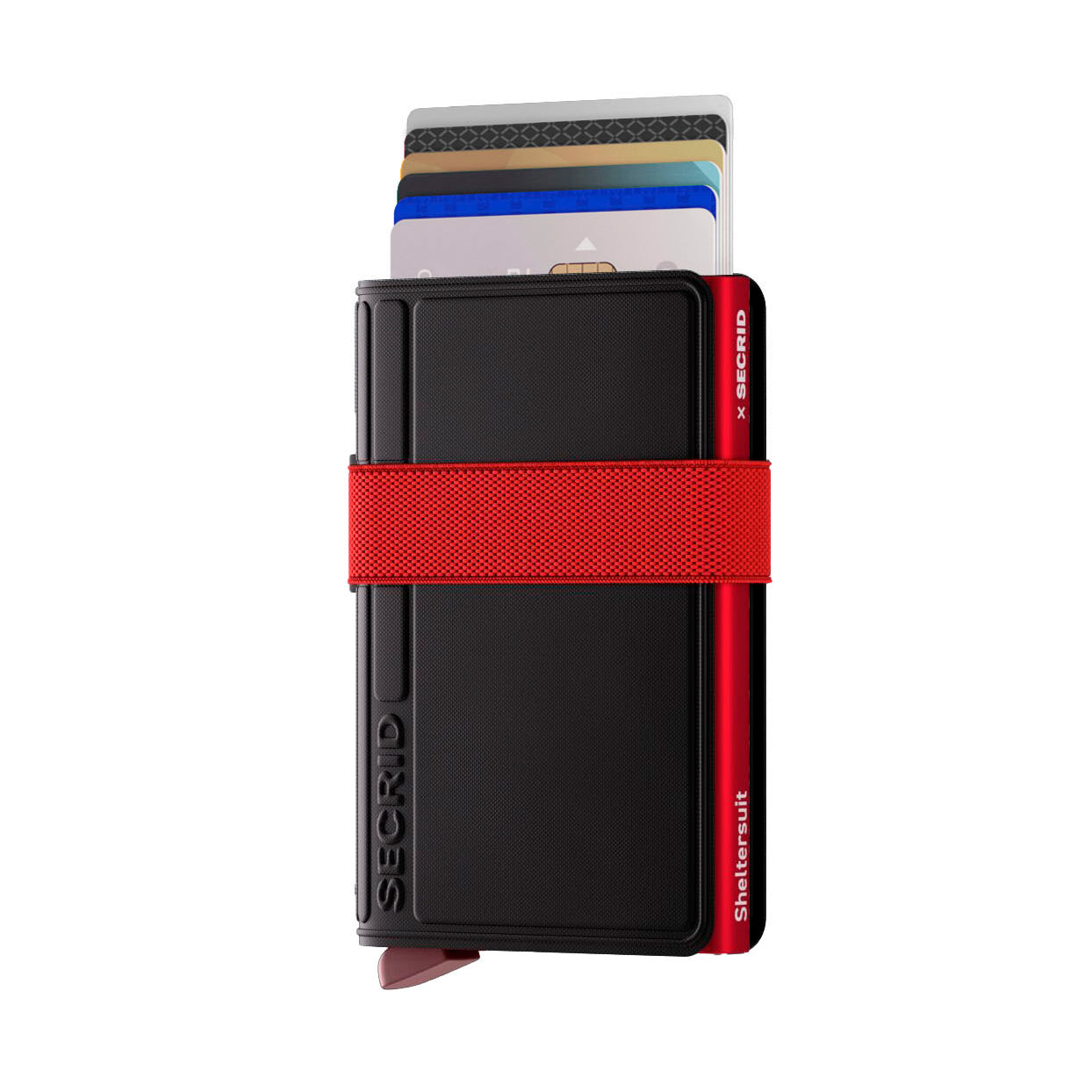 Secrid Bandwallet x Sheltersuit│art. BTP-BLACK-RED│vooraanzicht met uitgeschoven pasjes