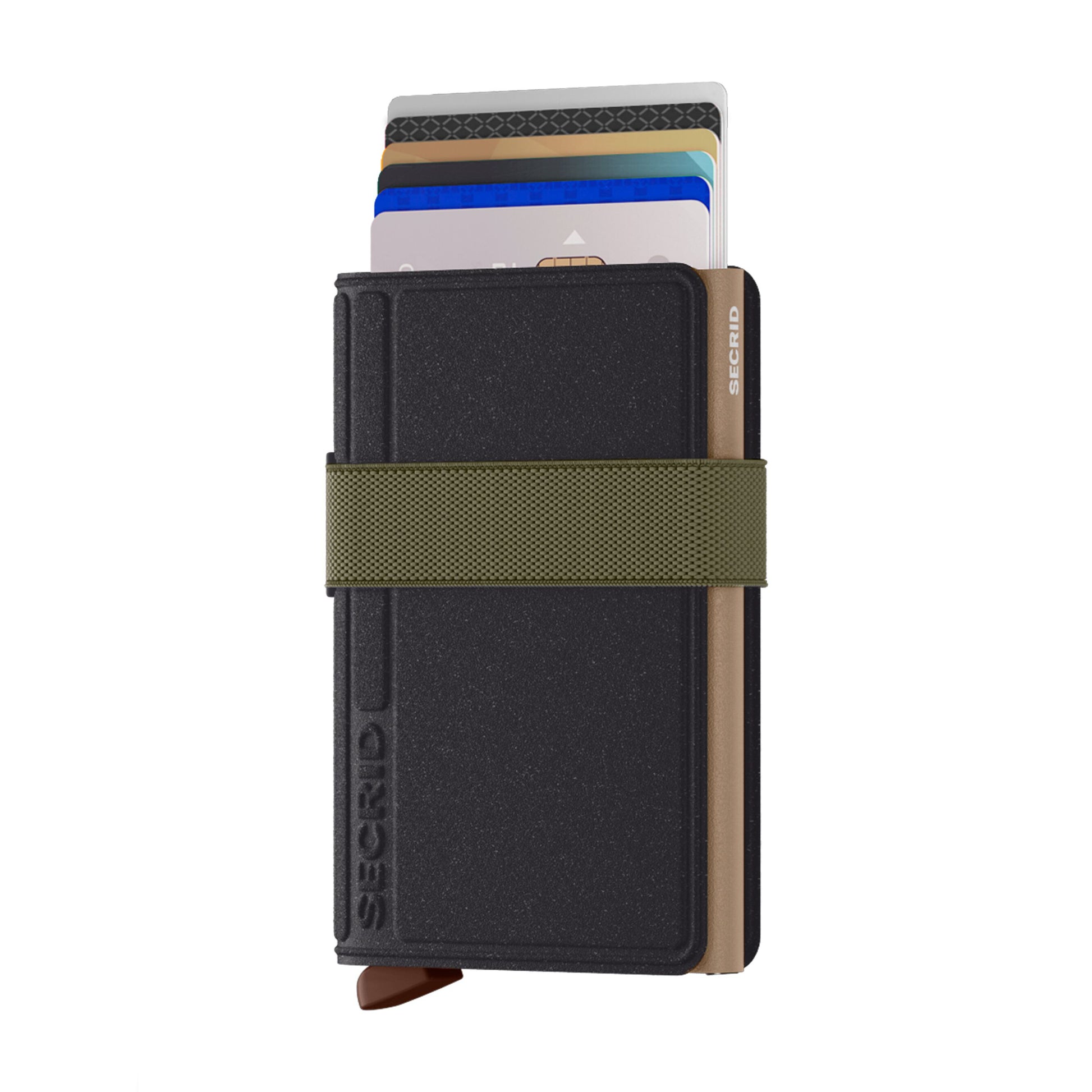 Secrid Bandwallet Liba│art. BLI-BLACK-OLIVE│vooraanzicht met uitgeschoven pasjes