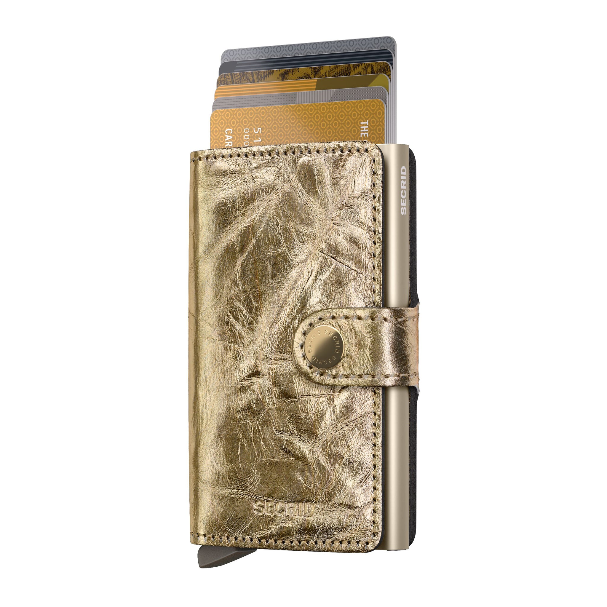 Secrid Miniwallet Crunch│art. MCR-GOLD│voorkant met uitgeschoven pasjes
