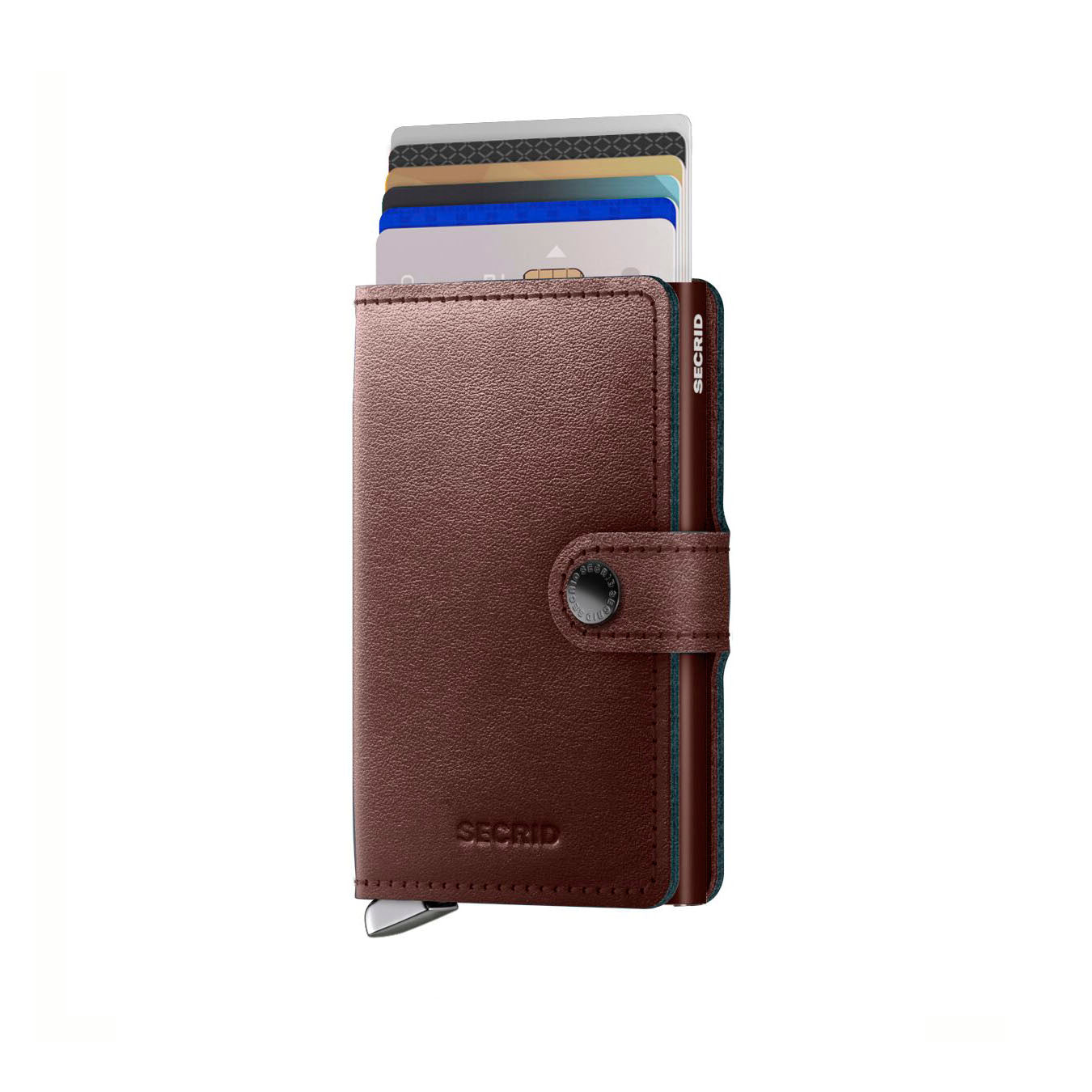 Secrid Miniwallet Premium Dusk│art. MDU-DARK-BROWN│Pasjeshouder│voorkant met uitgeschoven pasjes