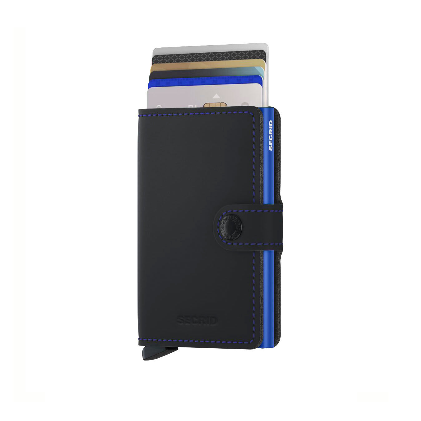 Secrid Miniwallet Matte│Pasjeshouder│art. MM-BLACK&BLUE│vooraanzicht met uitgeschoven pasjes