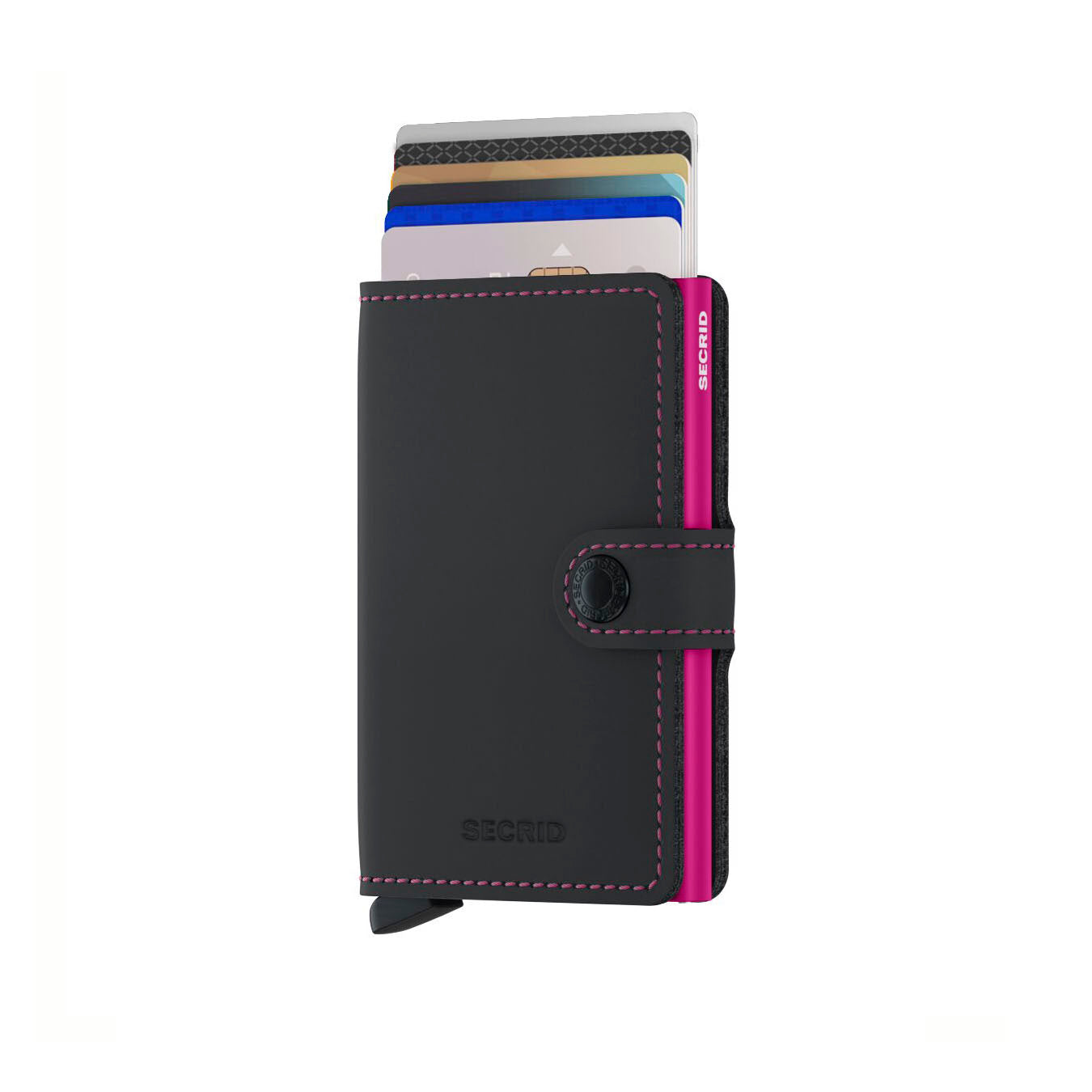 Secrid Miniwallet Matte│art. MM-BLACK&FUCHSIA│Pasjeshouder en Portemonnee│vooraanzicht met uitgeschoven kaarten