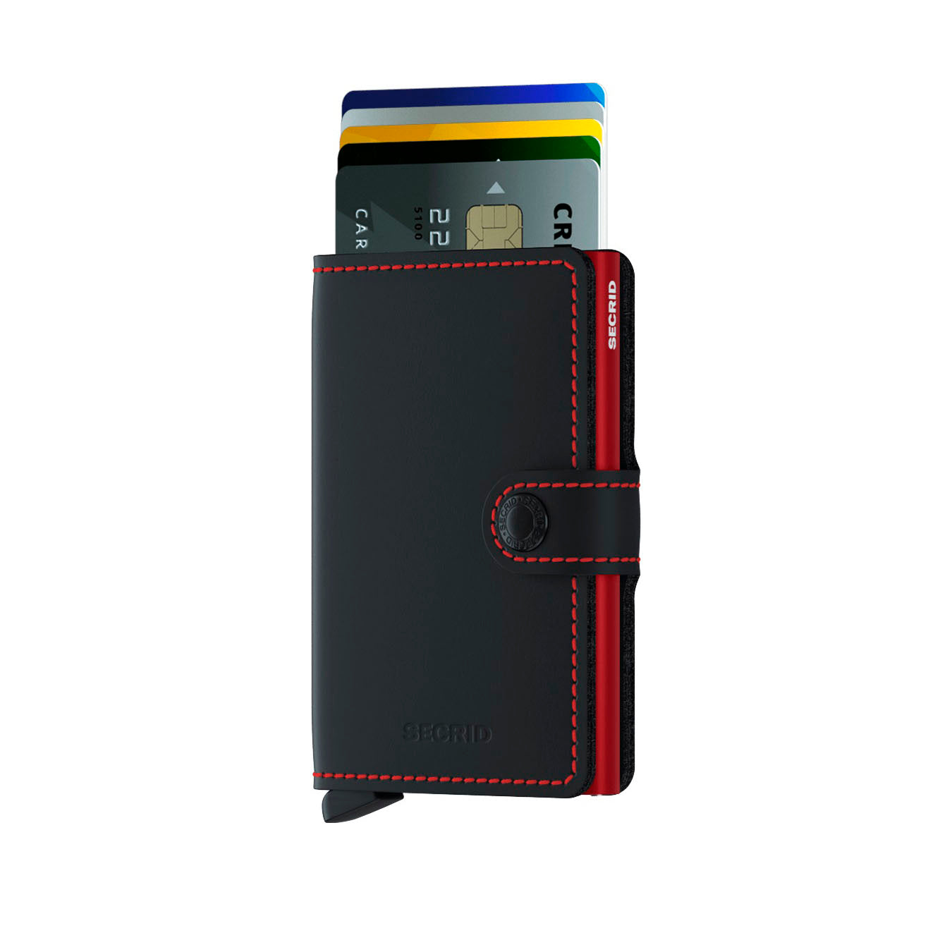 Secrid Miniwallet Matte│art. MM-BLACK&RED│Pasjeshouder en Portemonnee│vooraanzicht met uitgeschoven pasjes