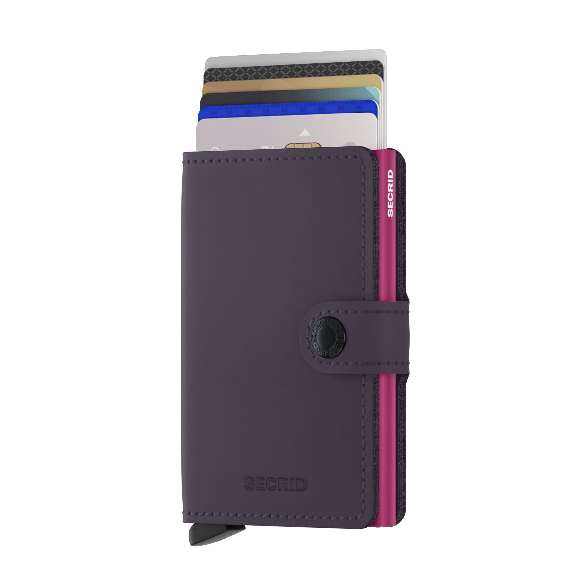 Secrid Miniwallet Matte│art. MM-DARKPURPLE&FUCHSIA│voorkant met uitgeschoven pasjes