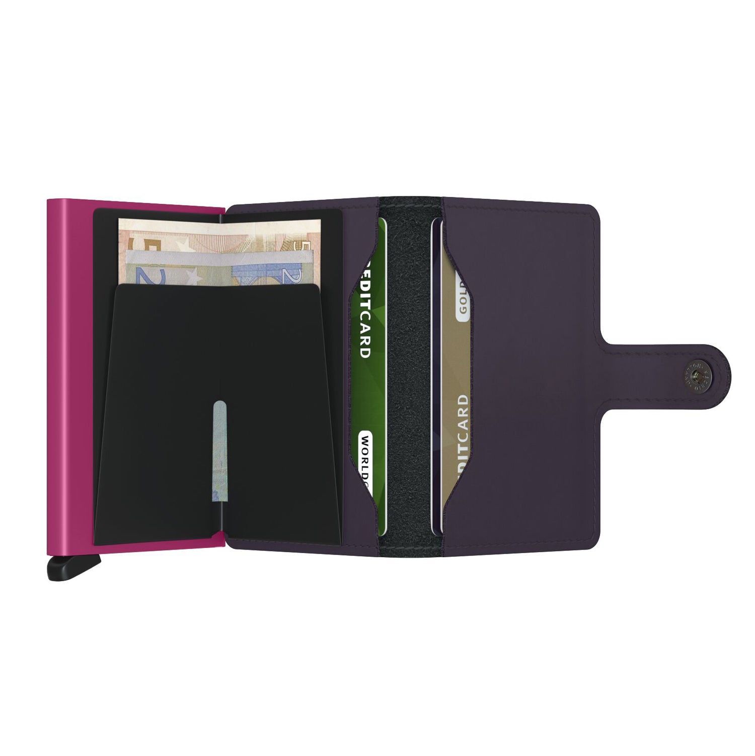 Secrid Miniwallet Matte│art. MM-DARKPURPLE&FUCHSIA│geopend met contant geld
