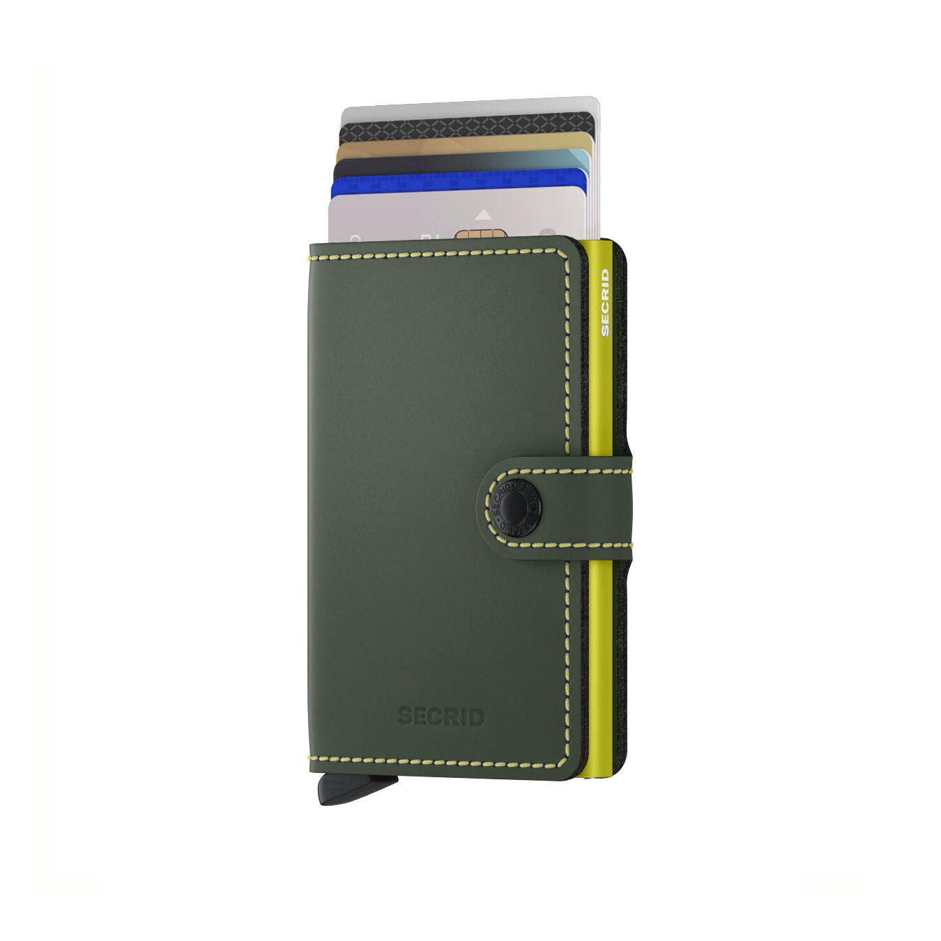 Secrid Miniwallet Matte│art. MM-GREEN&LIME│Pasjeshouder en Portemonnee│vooraanzicht met uitgeschoven kaarten