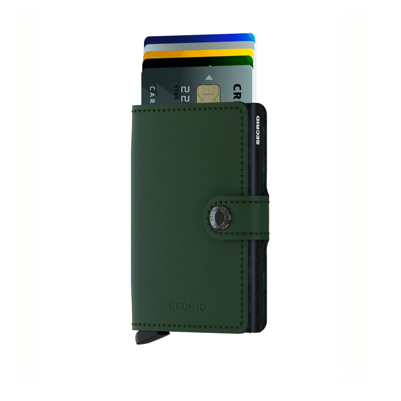 Secrid Miniwallet Matte│art. MM-GREEN-BLACK│Pasjeshouder en Portemonnee│vooraanzicht met uitgeschoven pasjes