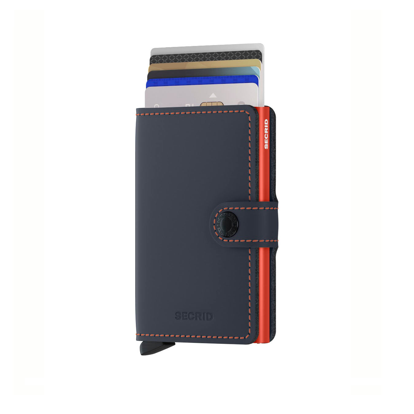 Secrid Miniwallet Matte│Pasjeshouder en Portemonnee│art. MM-NIGHTBLUE&ORANGE│vooraanzicht met uitgeschoven pasjes
