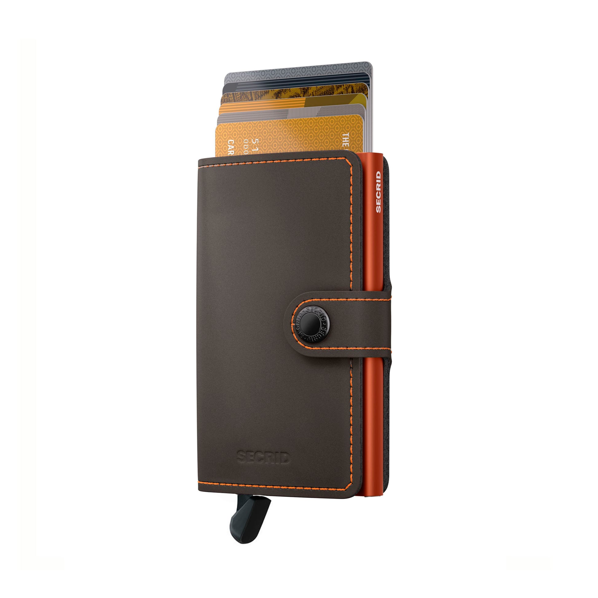 Secrid Miniwallet Matte│art. MM-TRUFFLE&ORANGE│Pasjeshouder│voorkant met uitgeschoven pasjes en clip