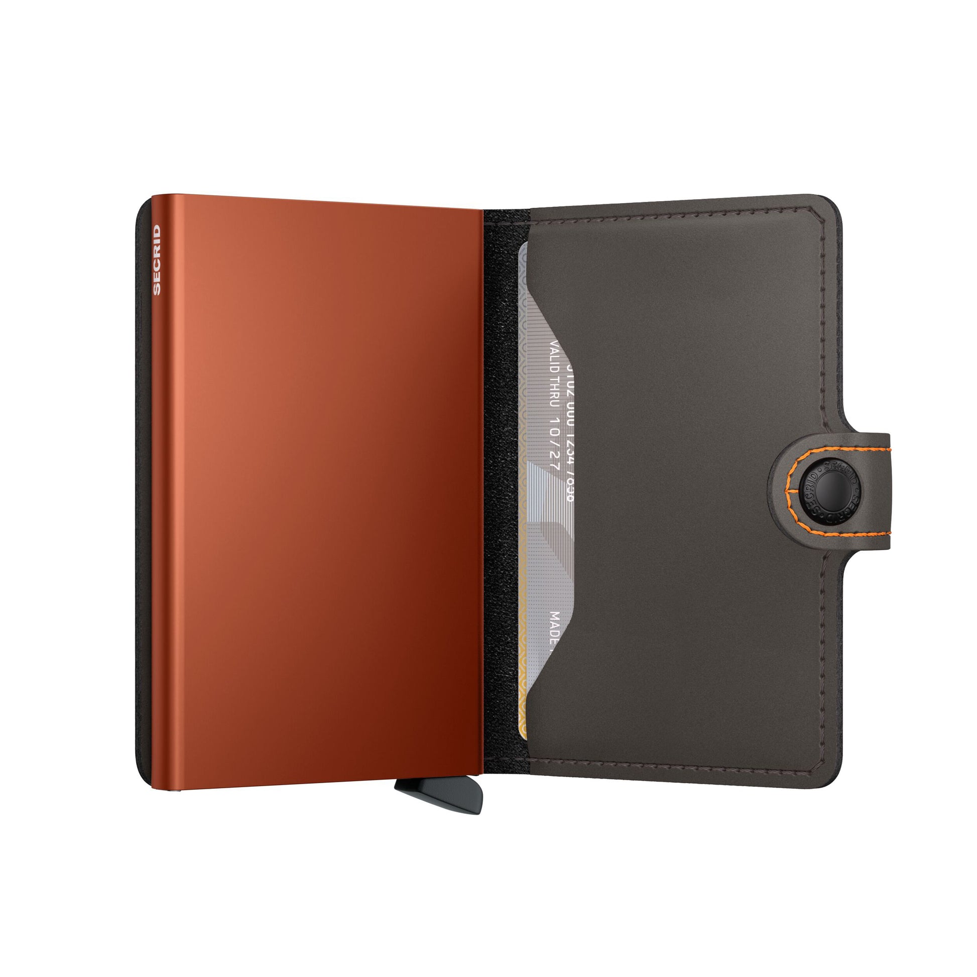 Secrid Miniwallet Matte│art. MM-TRUFFLE&ORANGE│Pasjeshouder│half geopend