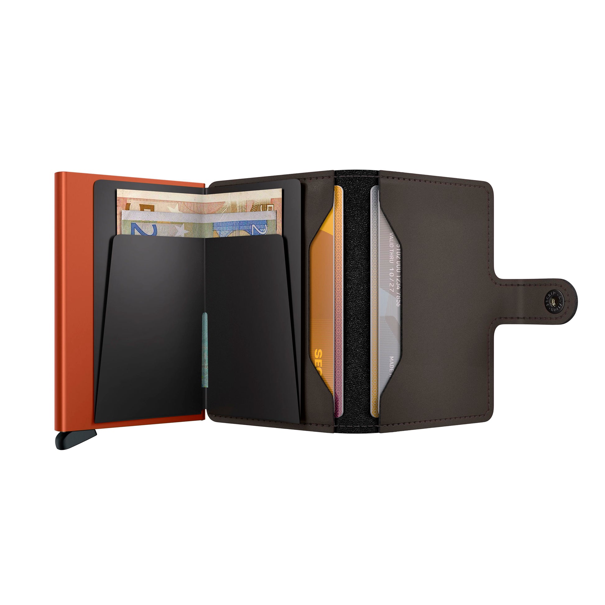 Secrid Miniwallet Matte│art. MM-TRUFFLE&ORANGE│Pasjeshouder│geopend met contant geld