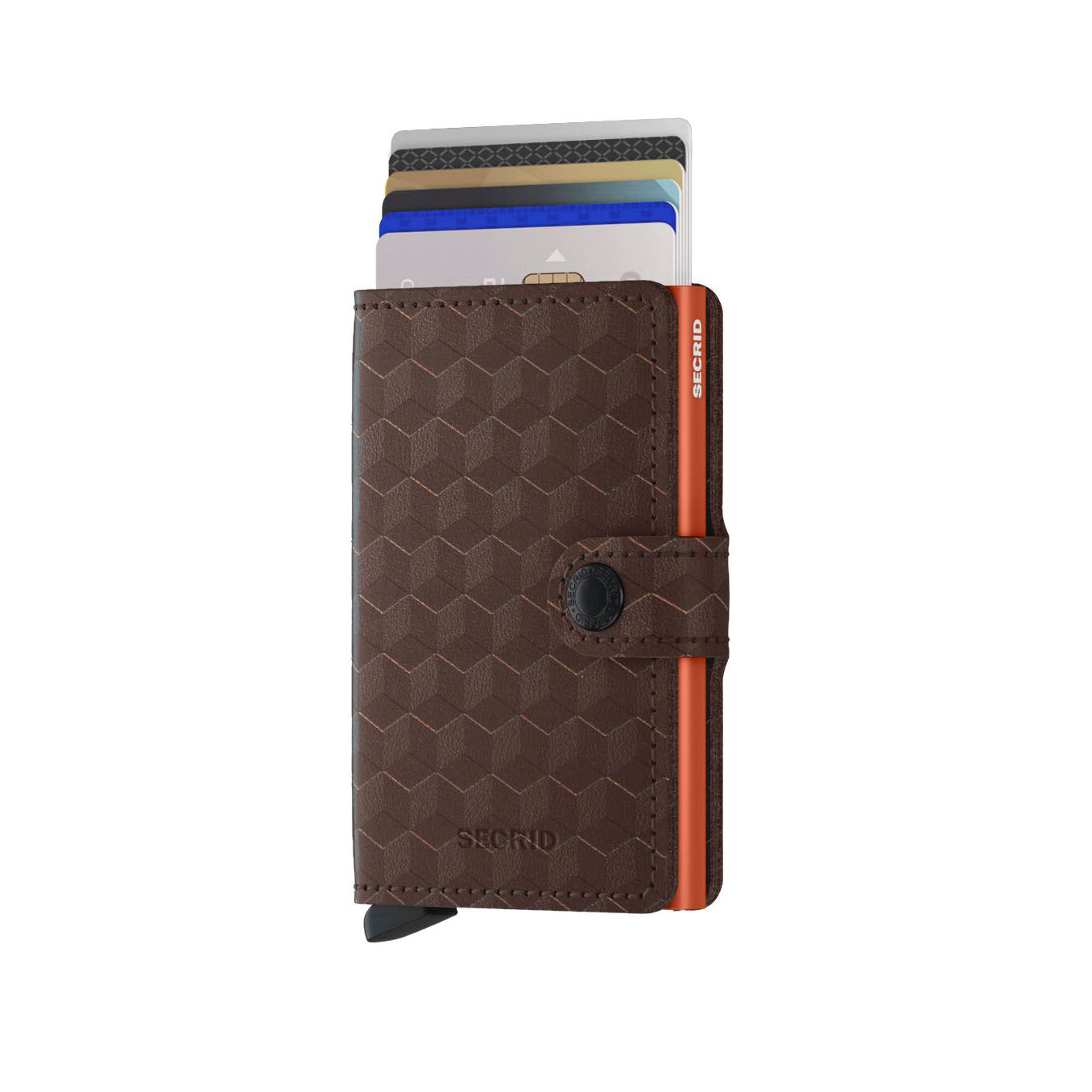 Secrid Miniwallet Optical│art. MOP-BROWN-ORANGE │Pasjeshouder│vooraanzicht met uitgeschoven pasjes