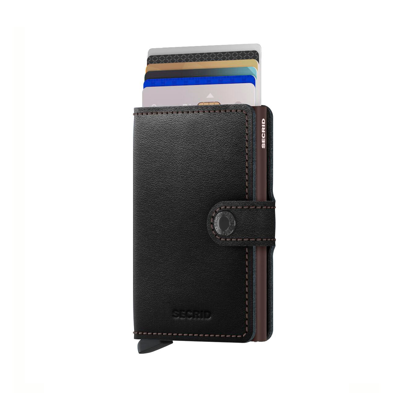 Secrid Miniwallet Original│art. M-BLACK-BROWN│Pasjeshouder en Portemonnee│vooraanzicht met uitgeschoven kaarten