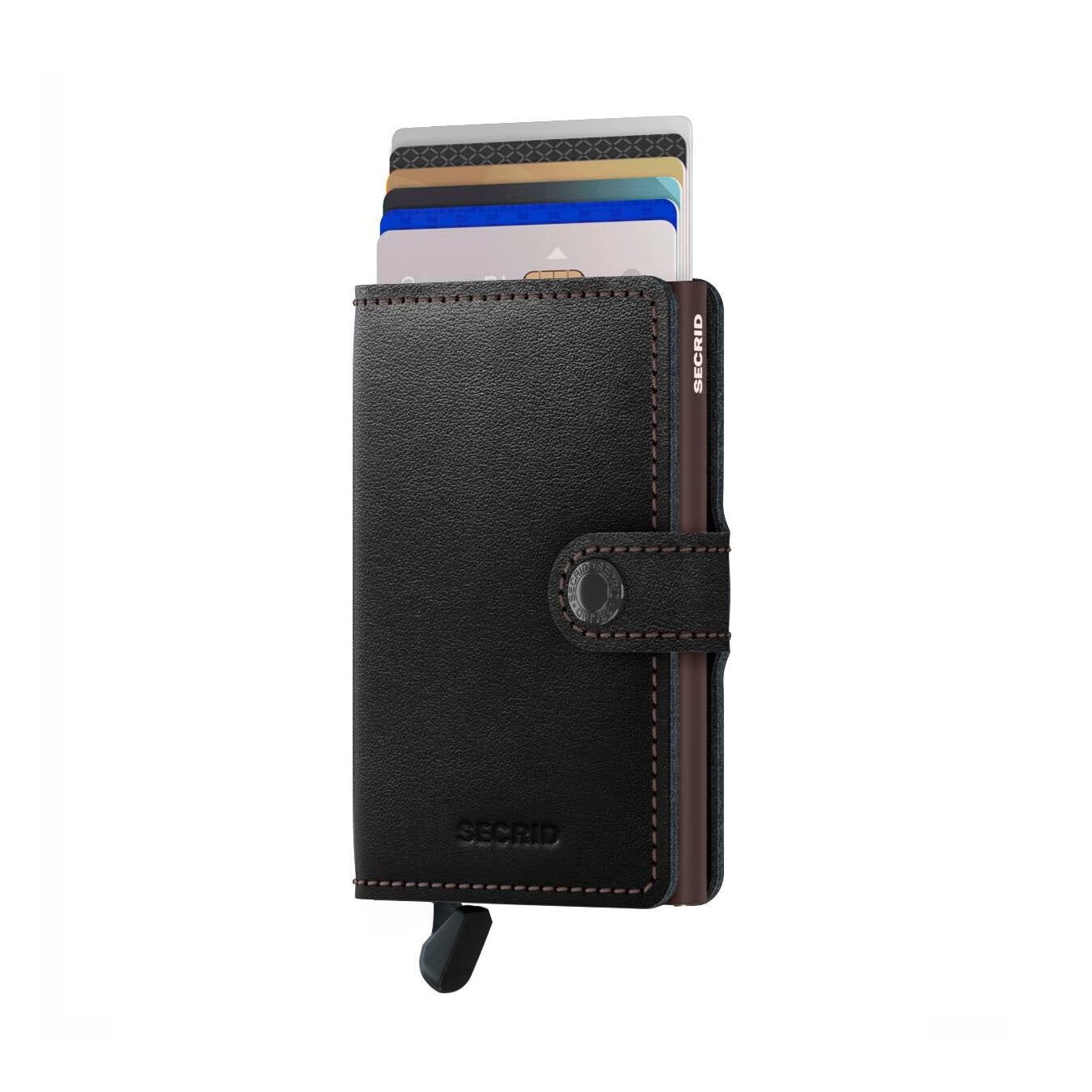 Secrid Miniwallet Original│art. M-BLACK-BROWN│Pasjeshouder en Portemonnee│vooraanzicht met uitgeschoven kaarten en clip omlaag