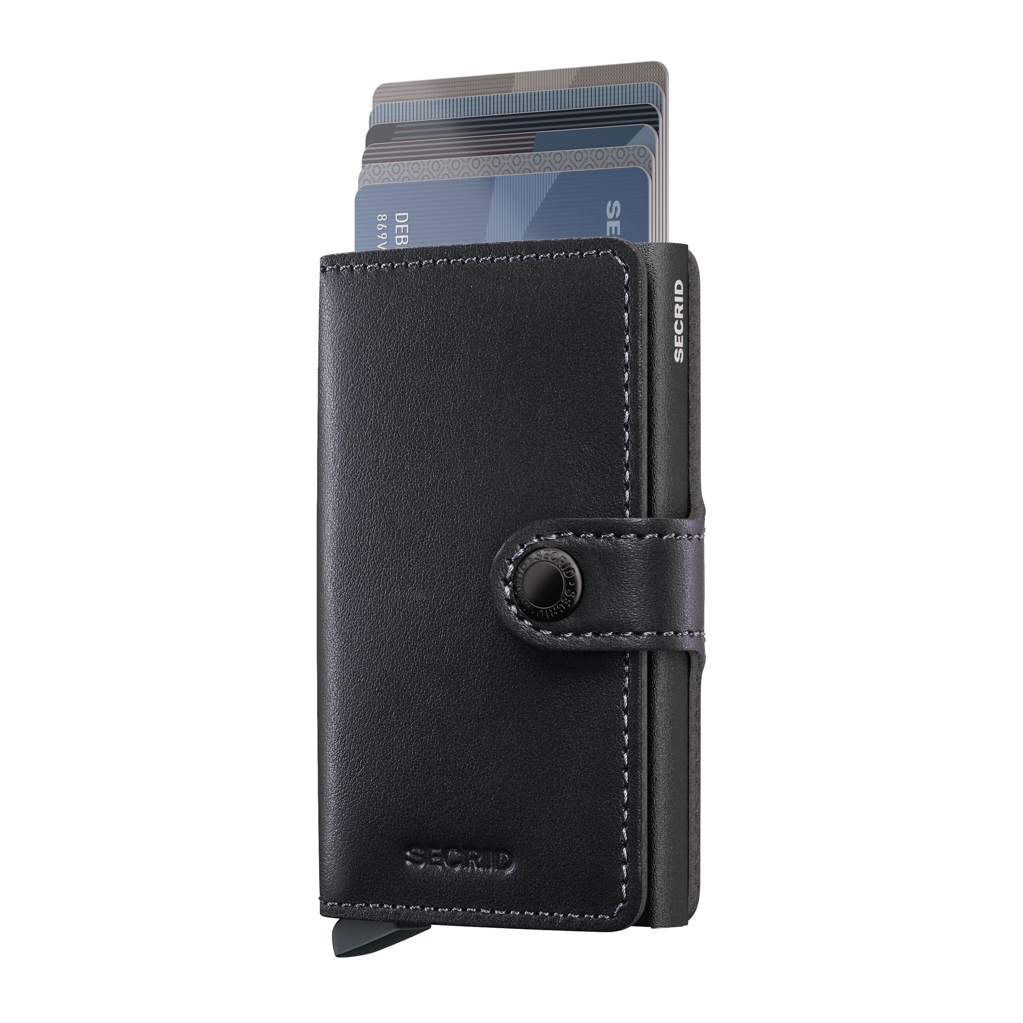 Secrid Miniwallet Black Powdercoat│art. MPC-BLACK│voorkant met uitgeschoven pasjes