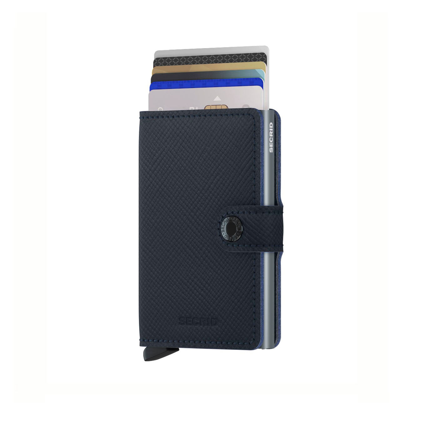 Secrid Miniwallet Saffiano│art. MSA-NAVY│Pasjeshouder│vooraanzicht met uitgeschoven pasjes