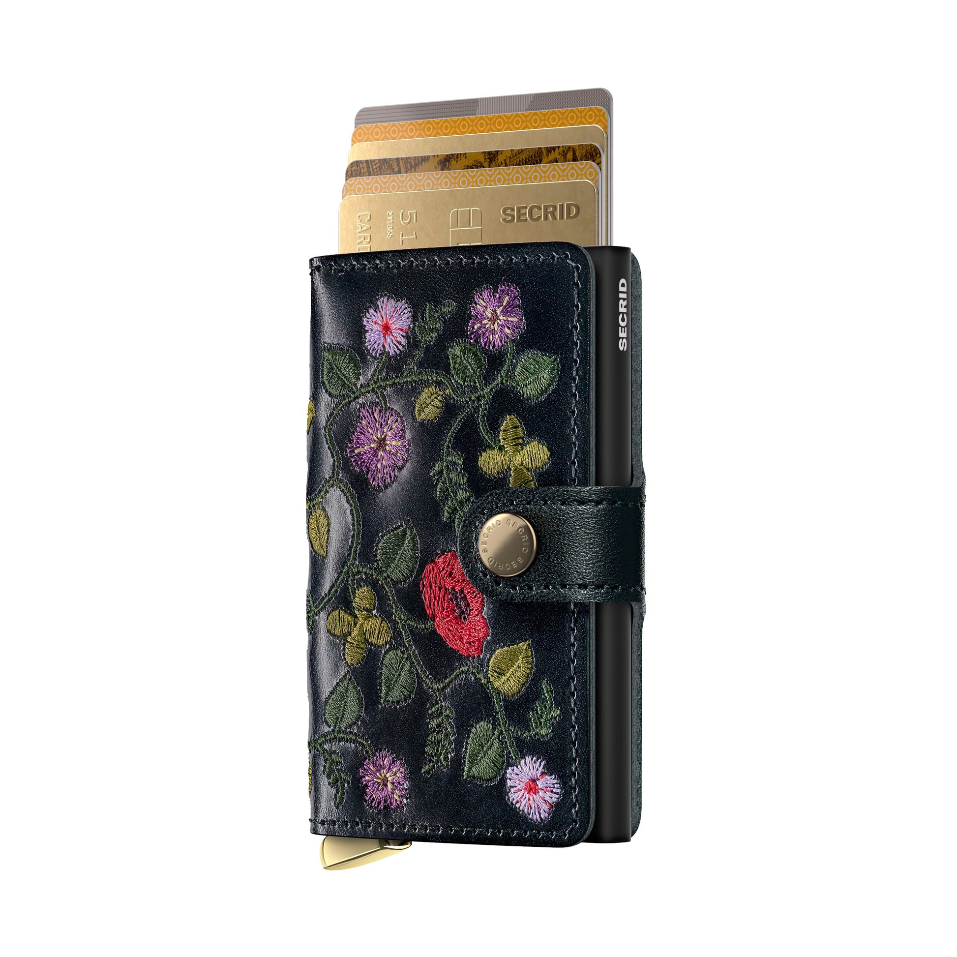 Secrid Miniwallet Stitch Floral│art. MST-FLORAL BLACK│vooraanzicht met uitgeschoven pasjes