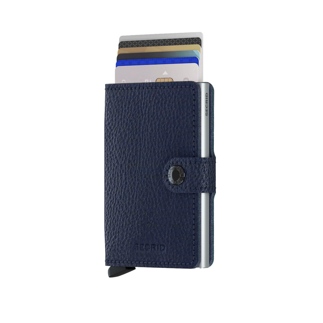 Secrid Miniwallet Veg│Pasjeshouder│art. MVG-NAVY-SILVER│vooraanzicht met uitgeschoven pasjes