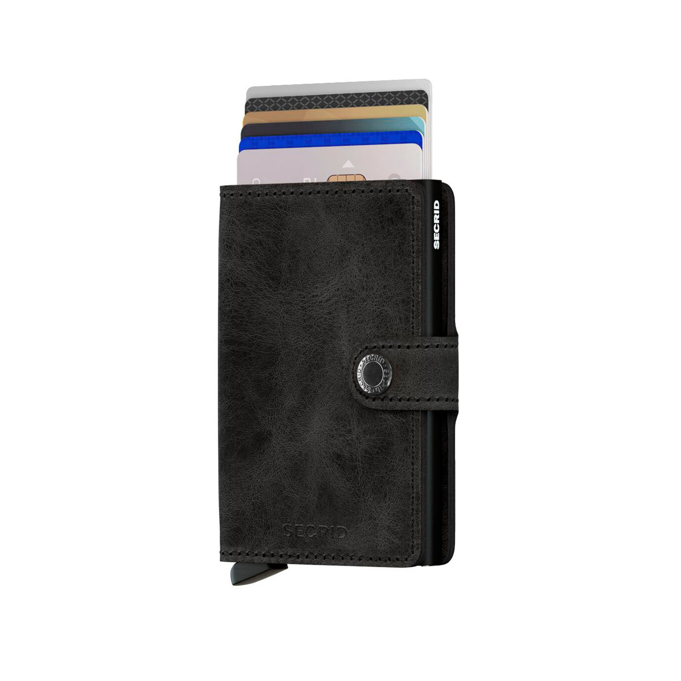 Secrid Miniwallet Vintage Zwart│art. MV-BLACK│Pasjeshouder en Portemonnee│voorkant met uitgeschoven kaarten