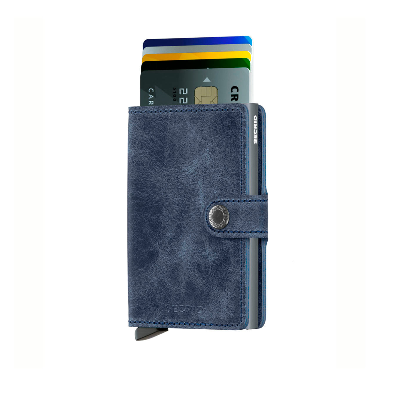 Secrid Miniwallet Vintage Blauw│Pasjeshouder en Portemonnee│art. MV-BLUE│vooraanzicht met uitgeschoven pasjes