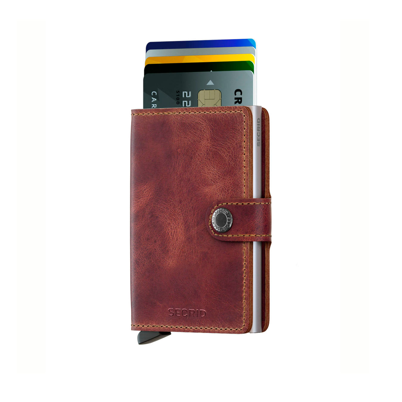 Secrid Miniwallet Vintage│art. MV-BROWN│Pasjeshouder en Portemonnee│vooraanzicht met uitgeschoven betaalkaarten