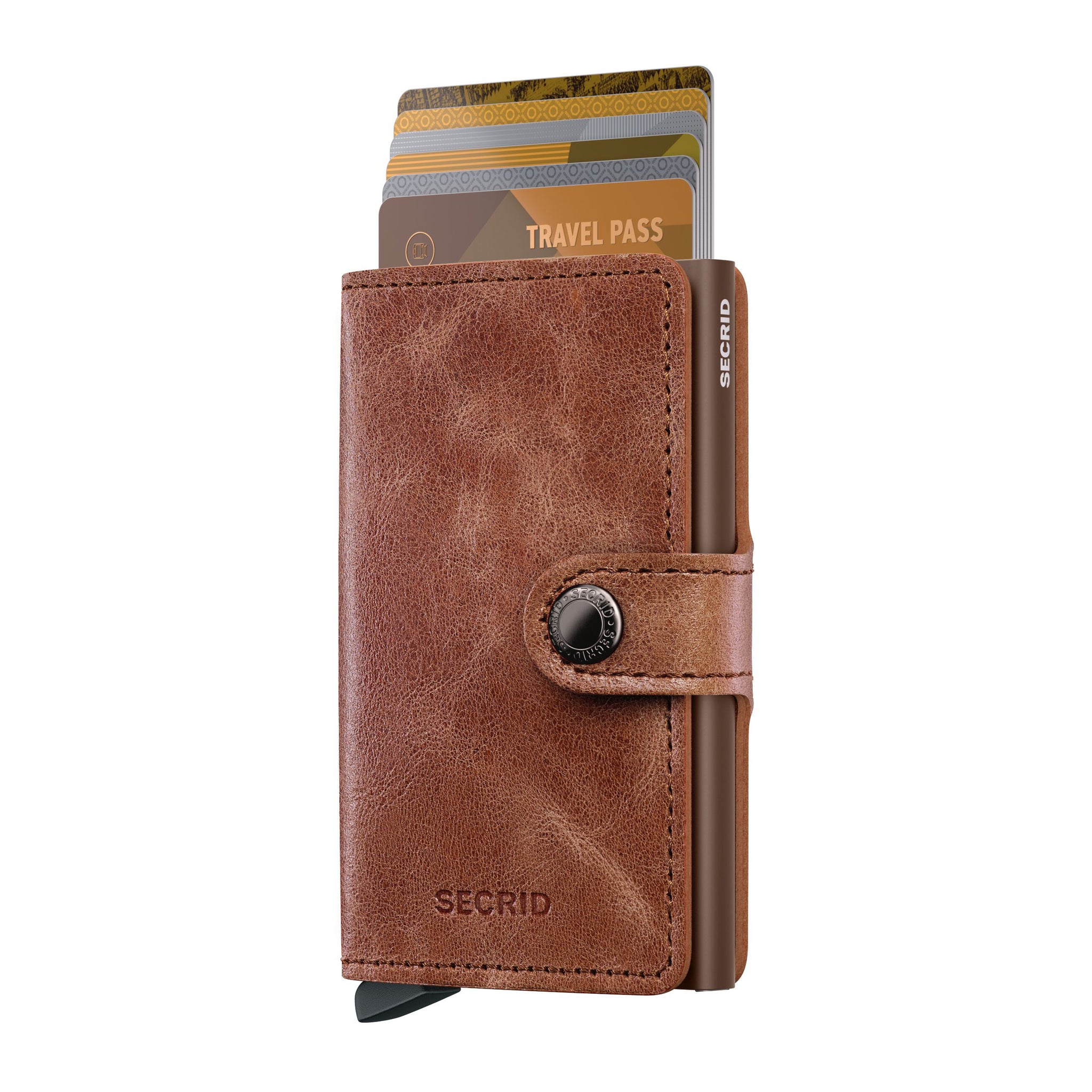 Secrid Miniwallet Vintage│art. MV-COGNAC-BROWN│voorkant met uitgeschoven pasjes