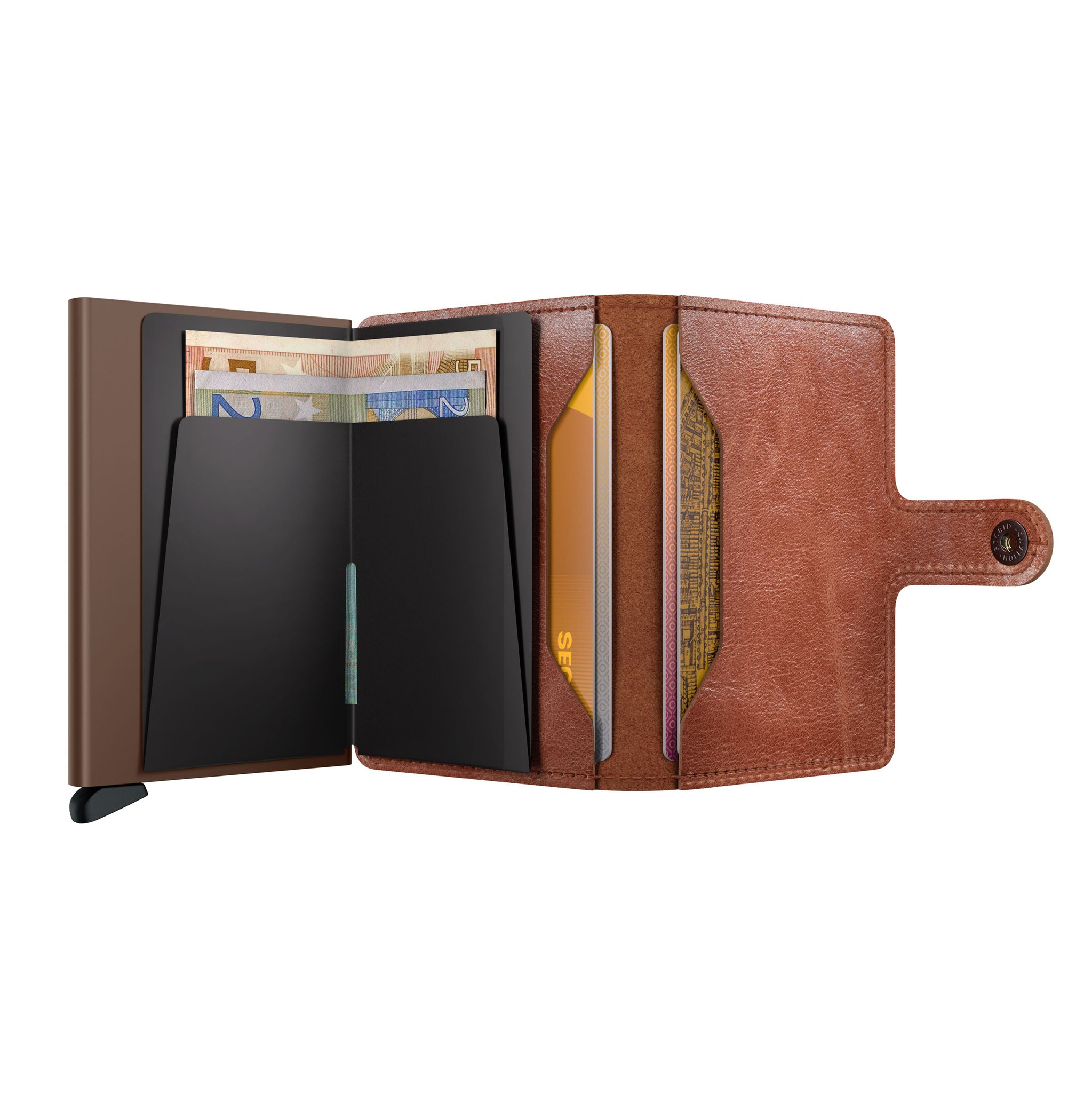 Secrid Miniwallet Vintage│art. MV-COGNAC-BROWN│geopend met contant geld