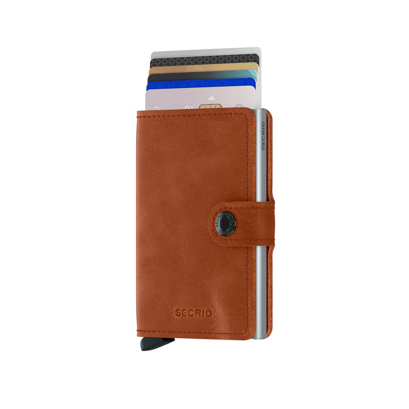 Secrid Miniwallet Vintage│art. MV-COGNAC&SILVER│Pasjeshouder en Portemonnee│vooraanzicht et uitgeschovven kaarten