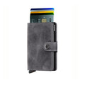 Secrid Miniwallet Vintage│art. MV-GREY-BLACK│pasjeshouder en portemonnee│vooraanzicht met uitgeschoven kaarten