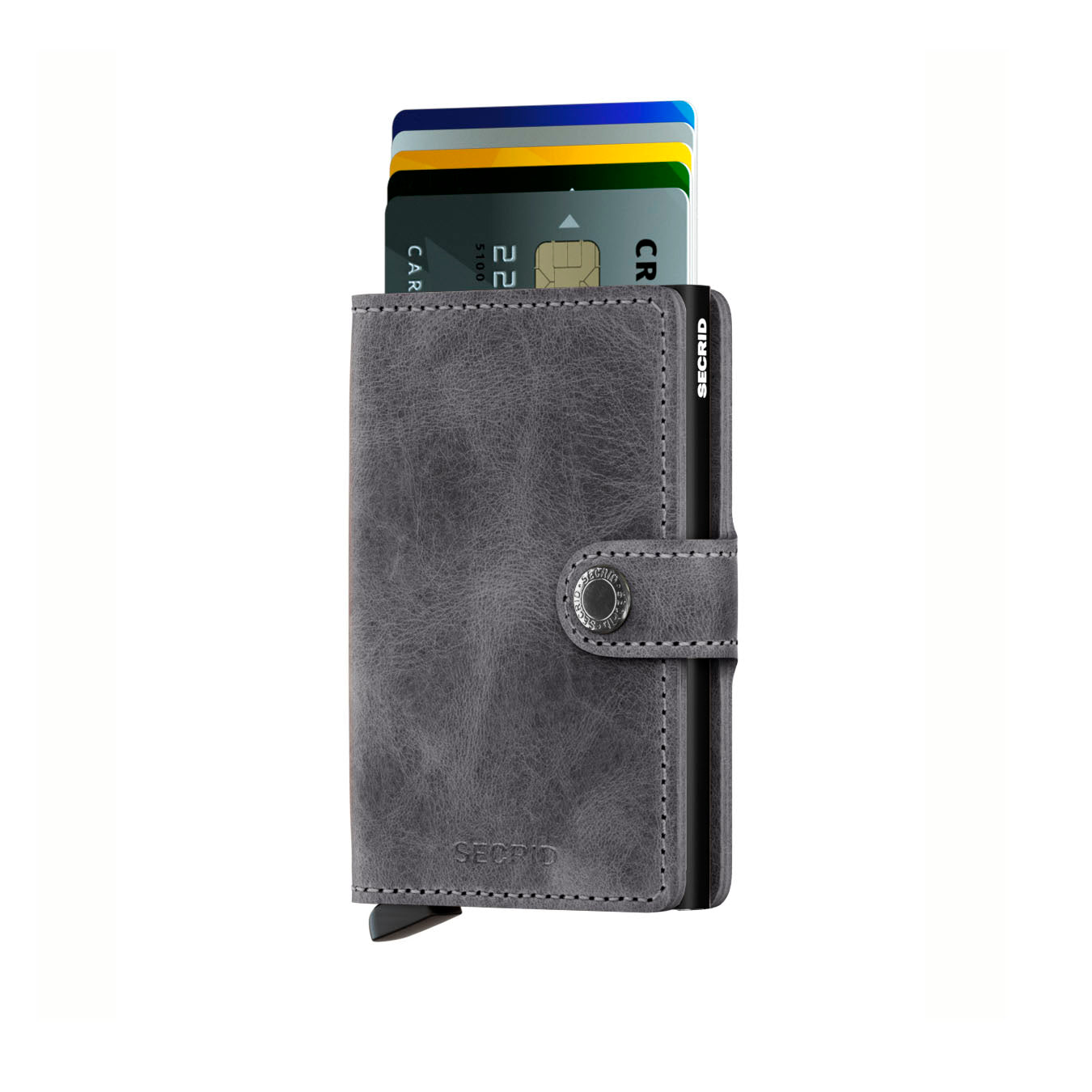 Secrid Miniwallet Vintage│art. MV-GREY-BLACK│pasjeshouder en portemonnee│vooraanzicht met uitgeschoven kaarten