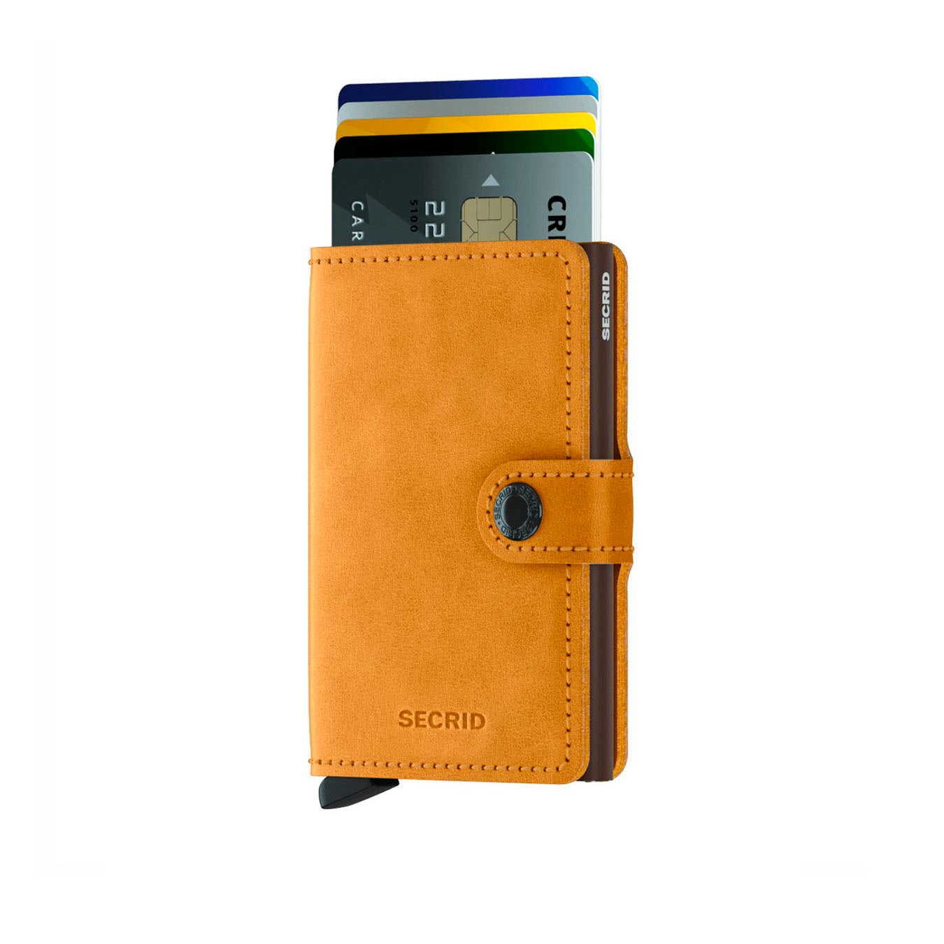 Secrid Miniwallet Vintage│Pasjeshouder│art. MV-OCHRE│vooraanzicht met uitgeschoven pasjes