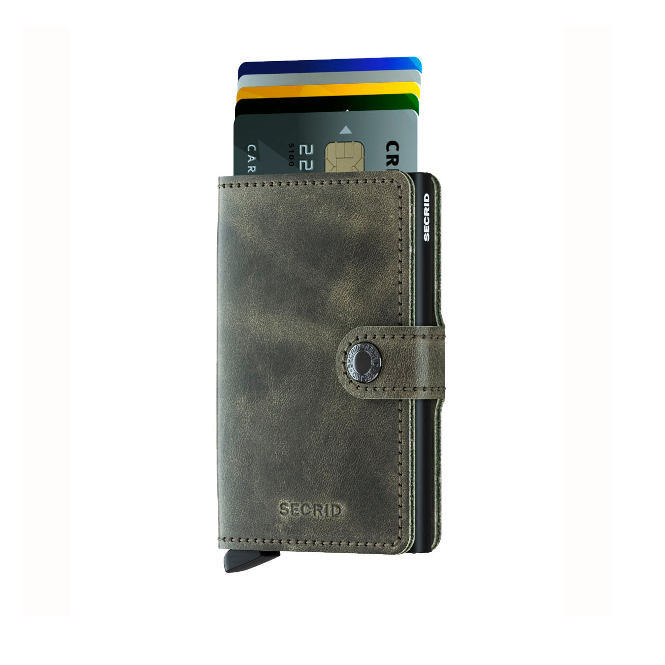 Secrid Miniwallet Vintage Olijfgroen│Pasjeshouder en Portemonnee│art. MV-OLIVE-BLACK│vooraanzicht met uitgeschoven pasjes