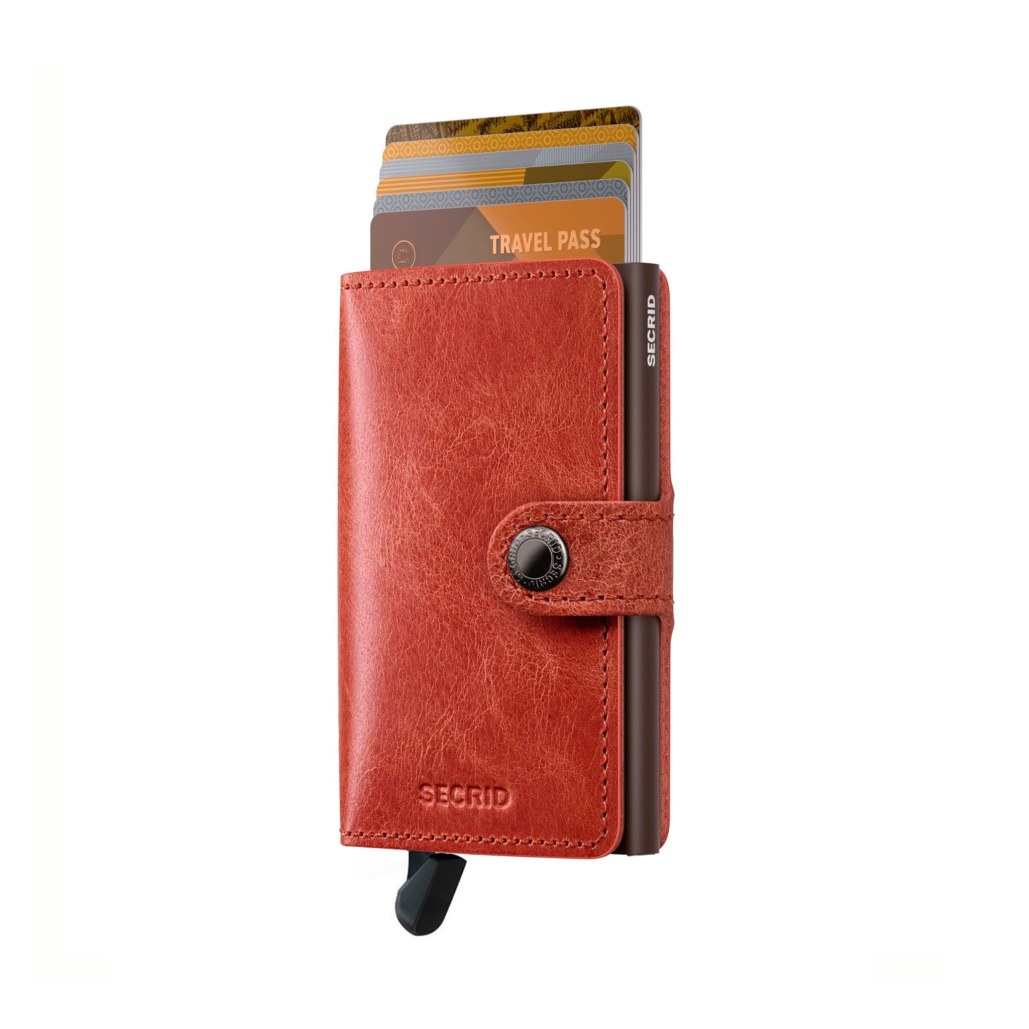 Secrid Miniwallet Vintage│art. MV-ORANGE│Pasjeshouder en Portemonnee│vooraanzicht met uiteschoven pasjes en clip