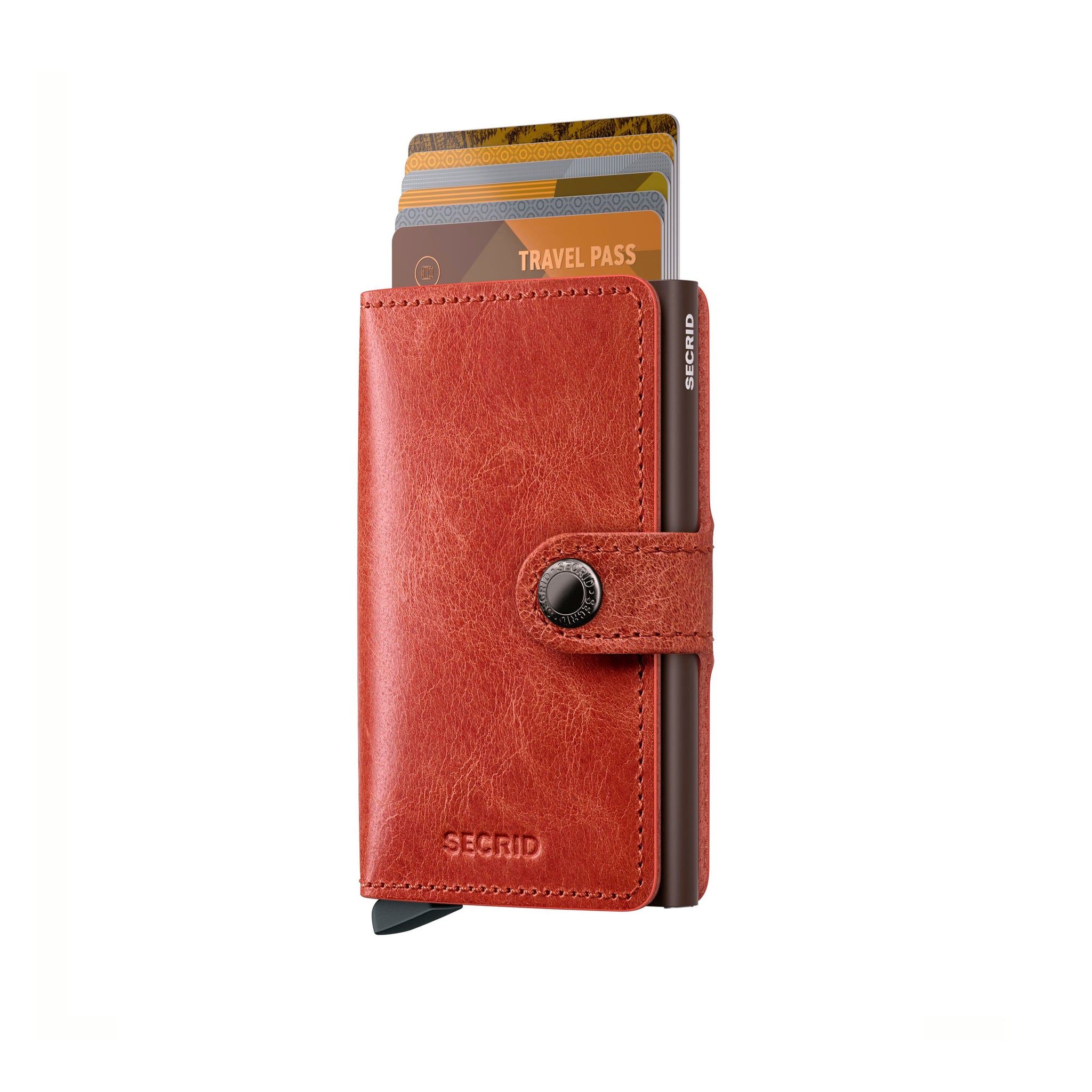 Secrid Miniwallet Vintage│art. MV-ORANGE│Pasjeshouder en Portemonnee│vooraanzicht met uitgeschoven pasjes