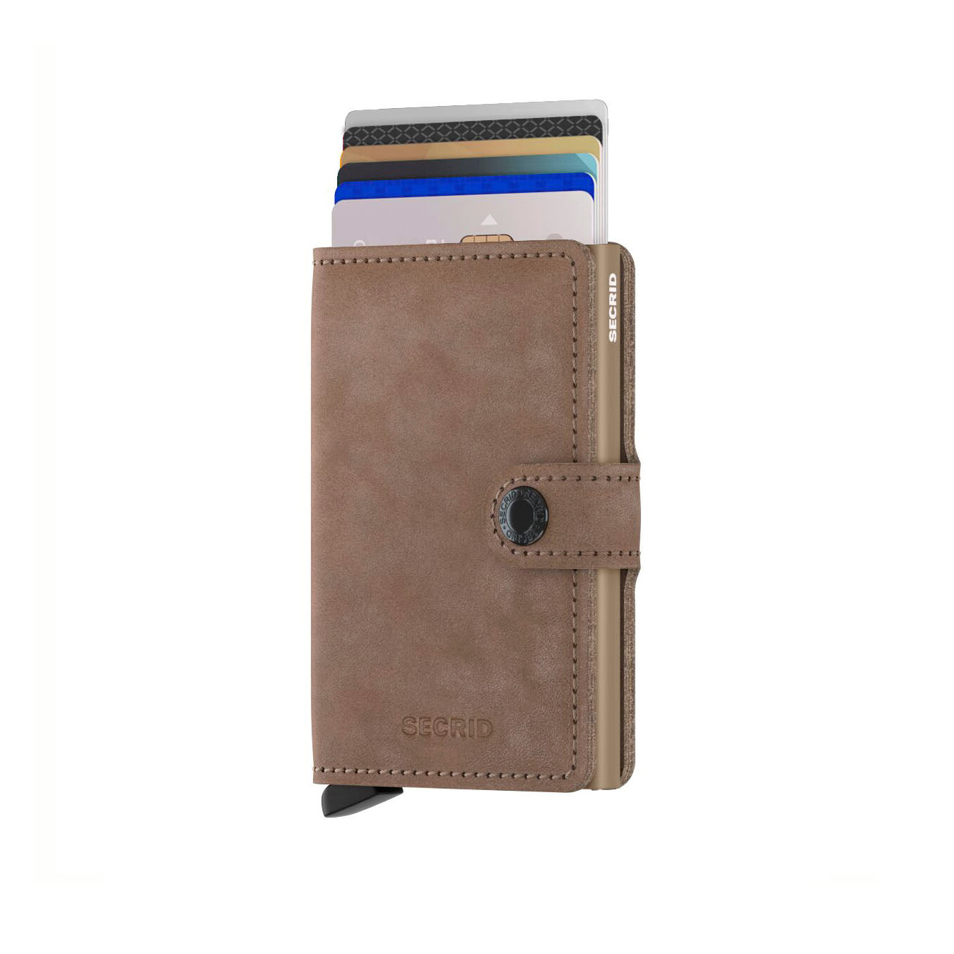 Secrid Miniwallet Vintage│art. MV-TAUPE│Pasjeshouder en Portemonnee│vooraanzicht met uitgeschoven pasjes
