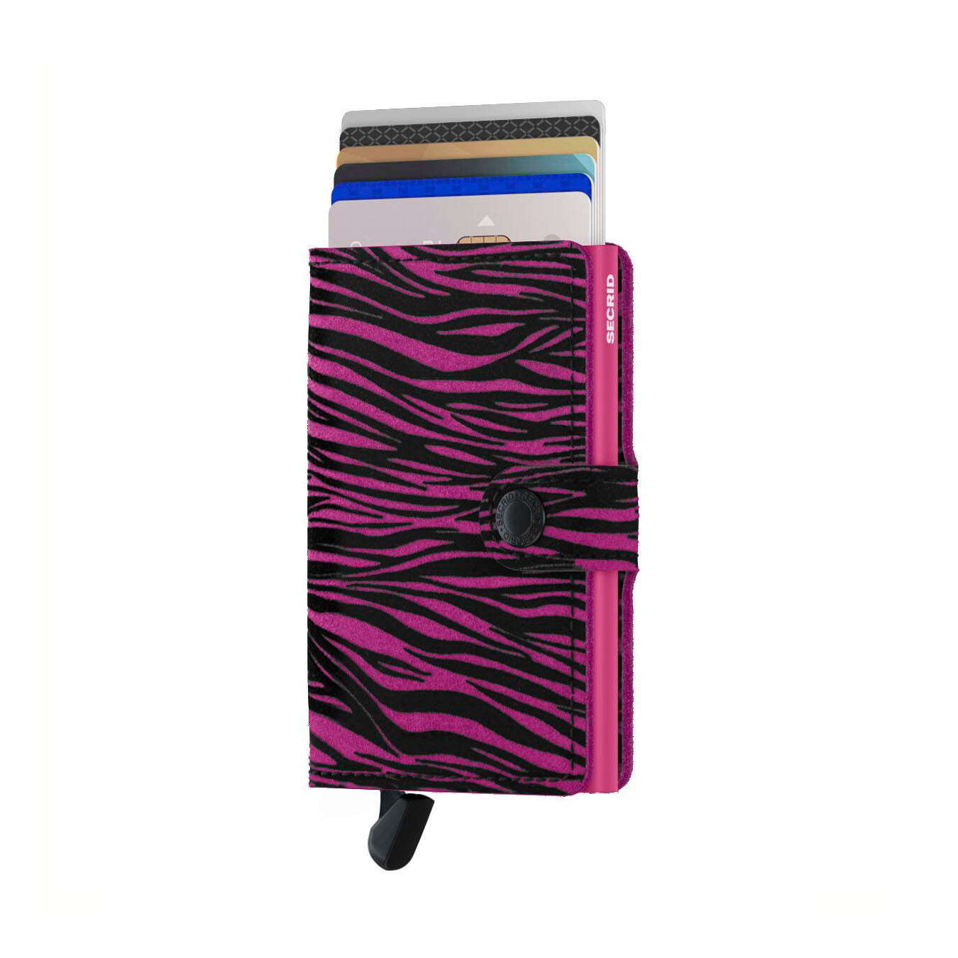 Secrid Miniwallet Zebra│art. MZE-FUCHSIA│Pasjeshouder en Portemonnee│vooraanzicht met uitgeschoven kaarten en clip