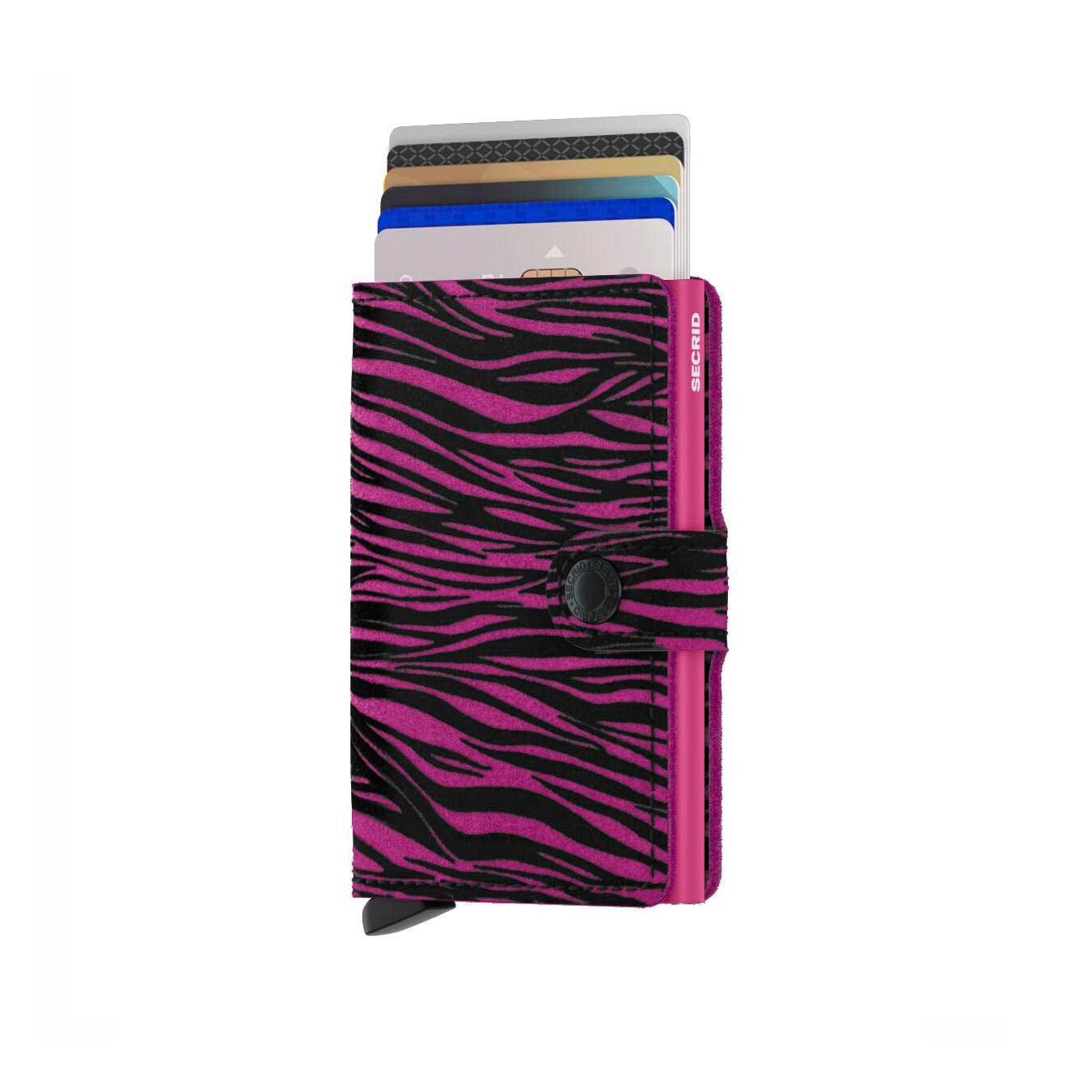 Secrid Miniwallet Zebra│art. MZE-FUCHSIA│Pasjeshouder en Portemonnee│vooraanzicht met uitgeschoven kaarten