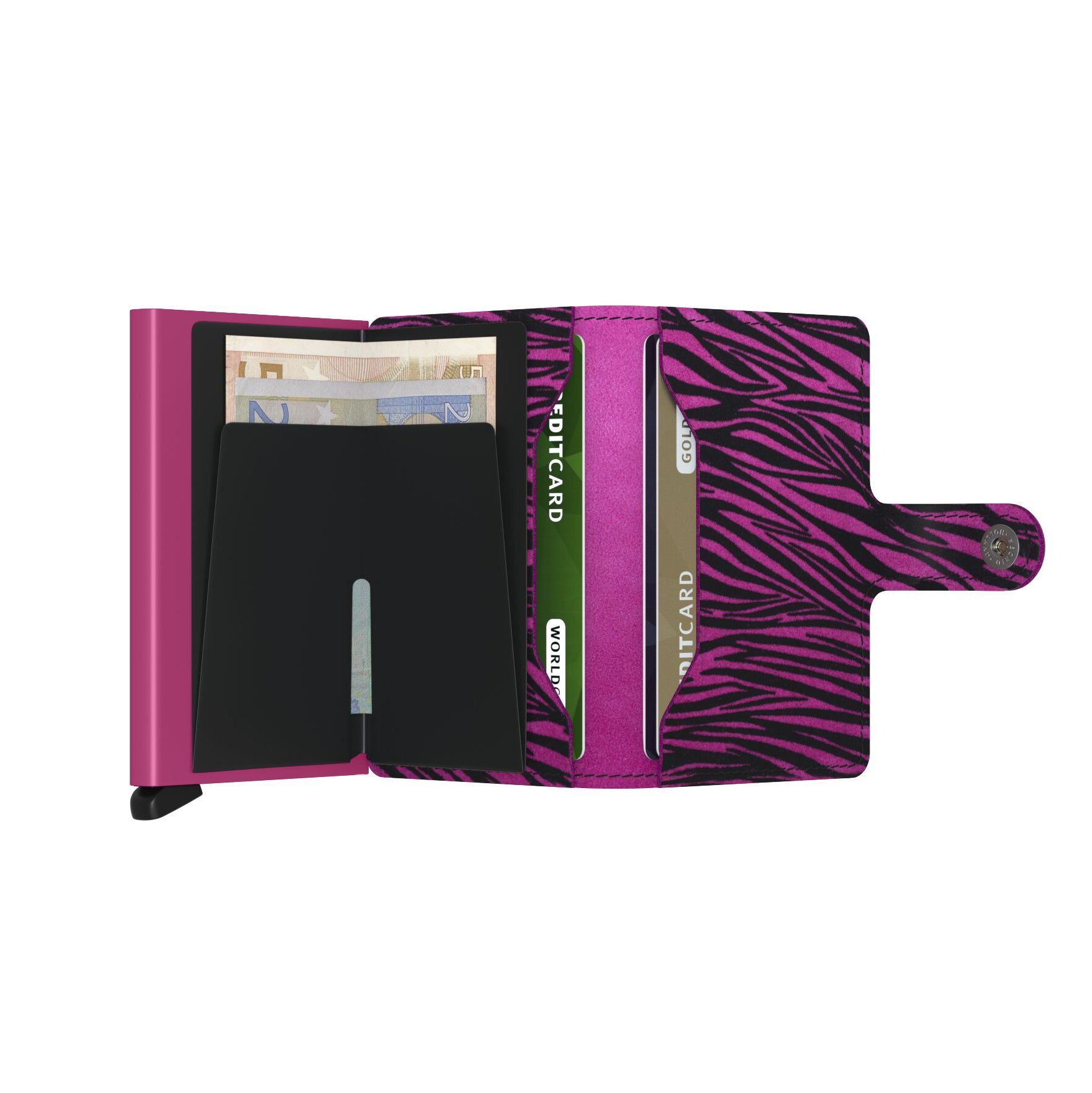 Secrid Miniwallet Zebra│art. MZE-FUCHSIA│Pasjeshouder en Portemonnee│geopend met contant geld 