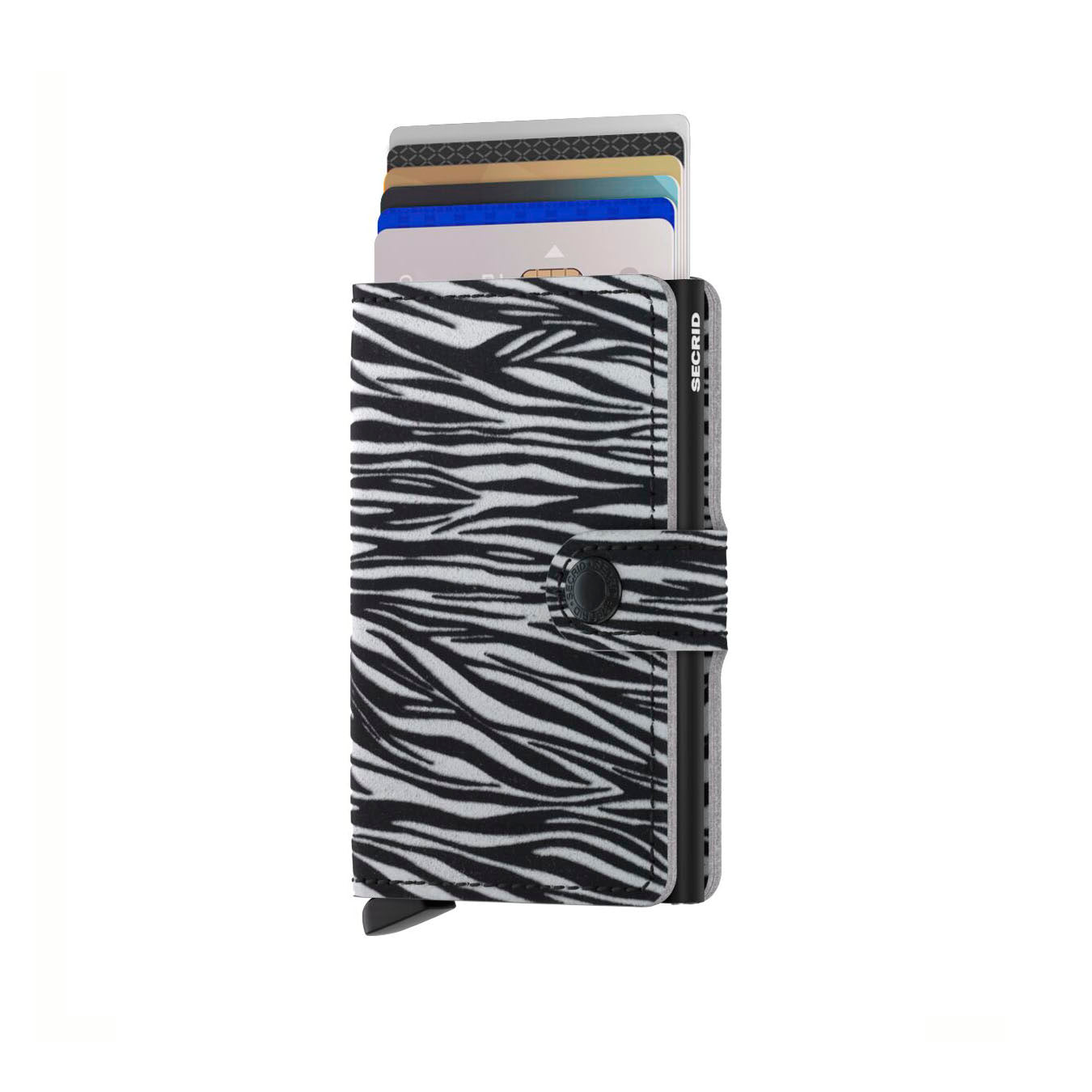 Secrid Miniwallet Zebra│art. MZE-LIGHT-GREY│pasjeshouder en Portemonnee│vooraanzicht met uitgeschoven kaarten