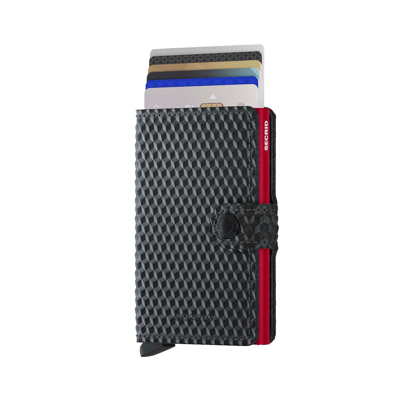 Secrid Miniwallet Cubic│art. MCU-BLACK-RED││Pasjeshouder│vooraanzicht met uitgeschoven pasjes