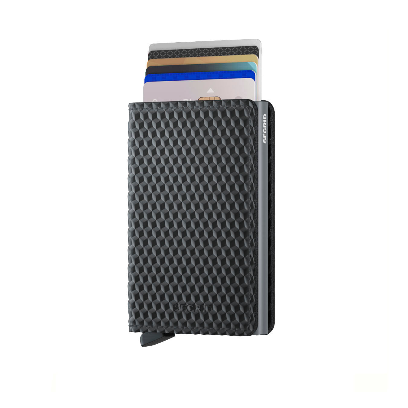 Secrid Slimwallet Cubic│art. SCU-BLACK-TITANIUM│Pasjeshouder│vooraanzicht met uitgeschoven pasjes